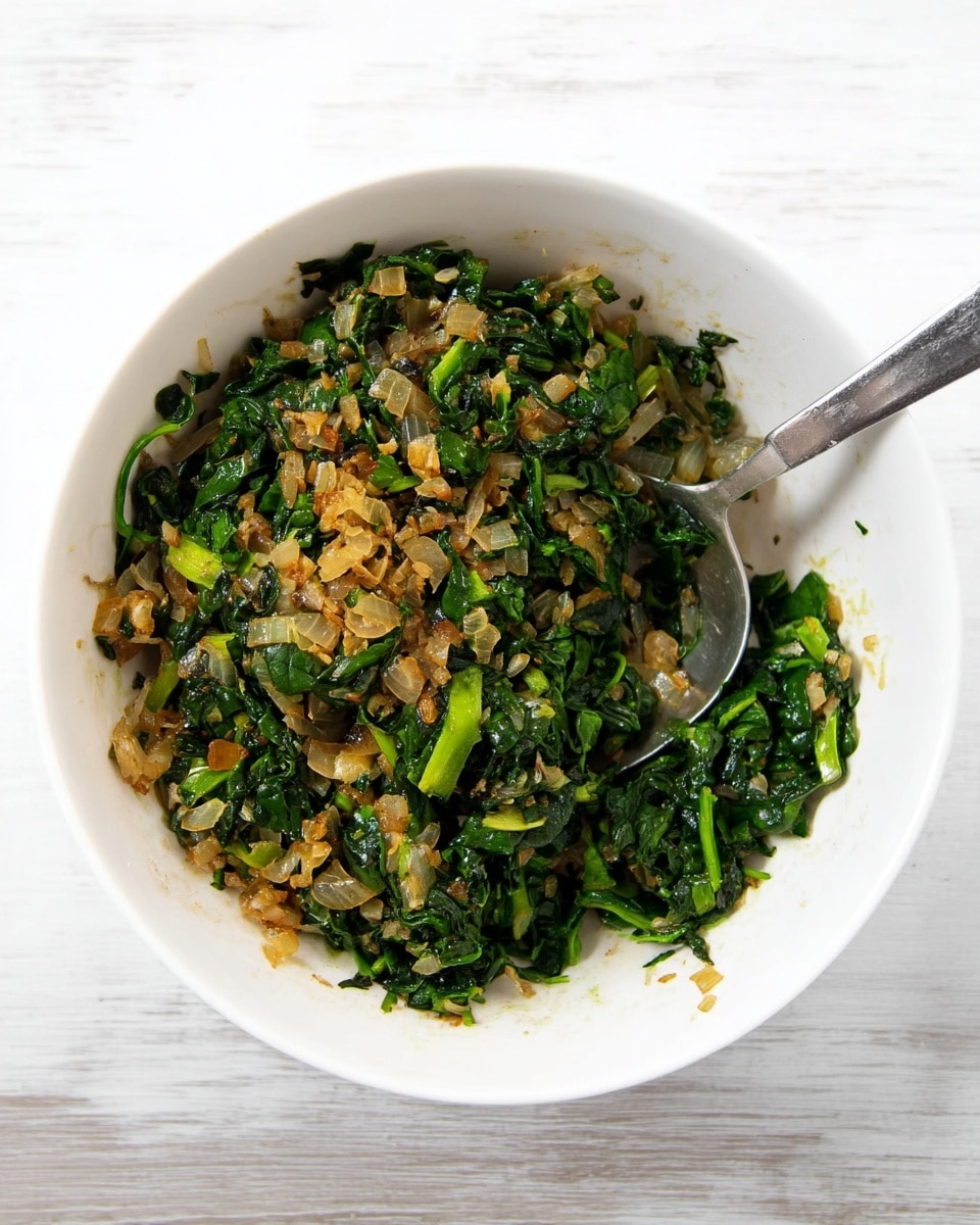 A white bowl filled with two main layers: the bottom layer is a mix of cooked, dark green spinach leaves with some light green stems, and the top layer consists of light brown to golden cooked chopped onions scattered evenly. A silver spoon is placed inside the bowl, resting on the right side among the spinach and onions. The bowl sits on a white marbled surface. Photo taken with an iphone --ar 4:5 --v 7