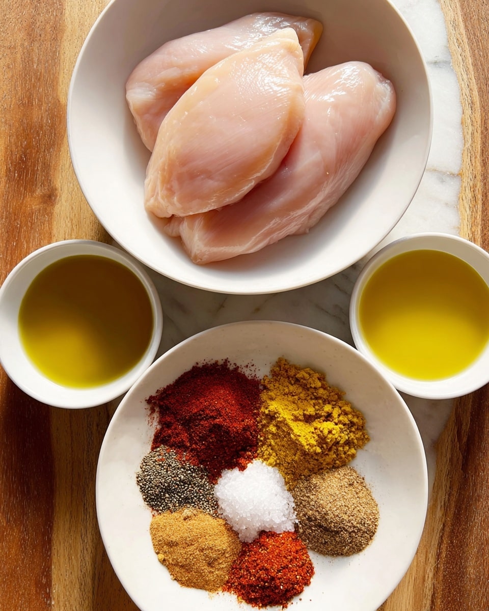 The image shows four main elements arranged on a wooden surface with a white marbled background. At the top center, there is a white bowl holding three raw, pale pink chicken breasts with a smooth and slightly shiny texture. Below it, there is a larger white bowl filled with ten different colored spices, each forming small piles close to one another; colors range from bright red, yellow, brown, dark brown, and black specks, along with white salt. On both sides of the spice bowl, there are two small white bowls, the left one filled with golden-yellow olive oil and the right one filled with a light yellow liquid, likely lemon juice. The scene is bright and clear with natural lighting that highlights the textures and colors of the ingredients. photo taken with an iphone --ar 4:5 --v 7