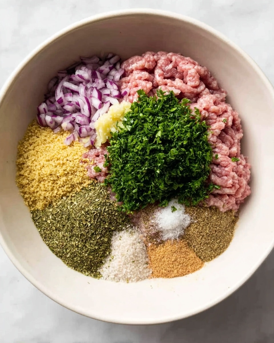 In a white bowl on a white marbled surface, there are eight separate layers of ingredients arranged without mixing. Starting from the top left, there is a small pile of finely chopped purple onion, next to it is a large mound of bright green chopped parsley. Below the parsley is a lighter pink layer of raw ground meat, with a small dollop of pale yellow minced garlic on top. To the left of the garlic is a pile of fine yellow breadcrumbs. Above the breadcrumbs and below the onion is a green, herb-like dry spice. Between the green spice and the raw meat is a small spot of coarse white salt. Below the salt, next to the raw meat, is a pile of light brown spice powder. All layers remain distinct and unmixed, showing varied colors and textures. Photo taken with an iphone --ar 4:5 --v 7