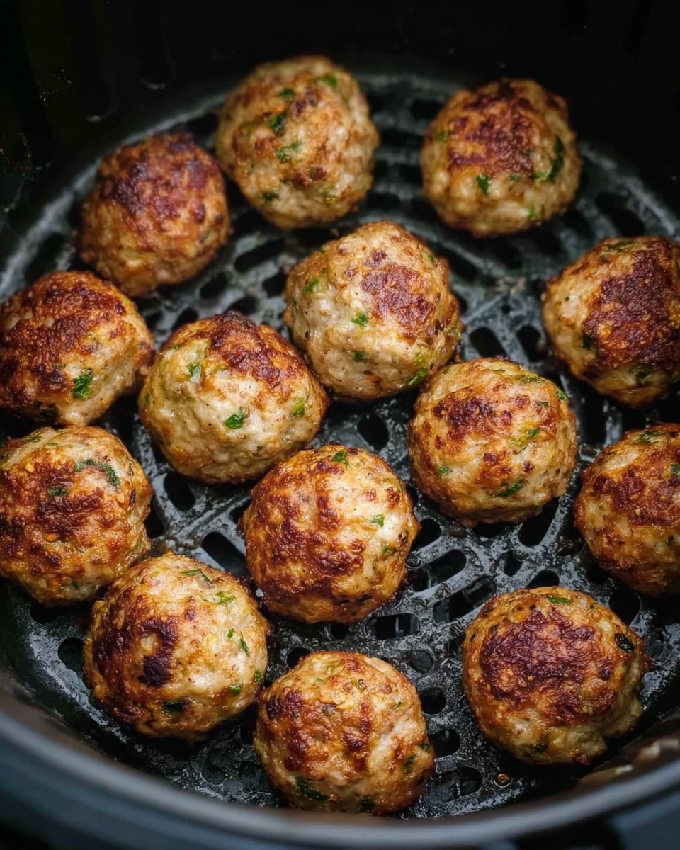 The image shows a round black air fryer basket filled with twelve golden-brown meatballs. Each meatball has a slightly crispy and browned outside with visible bits of green herbs mixed into the meat, giving a speckled texture. The meatballs are evenly spaced, with a few darker spots showing where they have browned more during cooking. The basket's bottom has round holes allowing airflow, and there is a slight shine of cooking oil around the meatballs. The background is not visible as the focus is tight on the basket and meatballs photo taken with an iphone --ar 4:5 --v 7