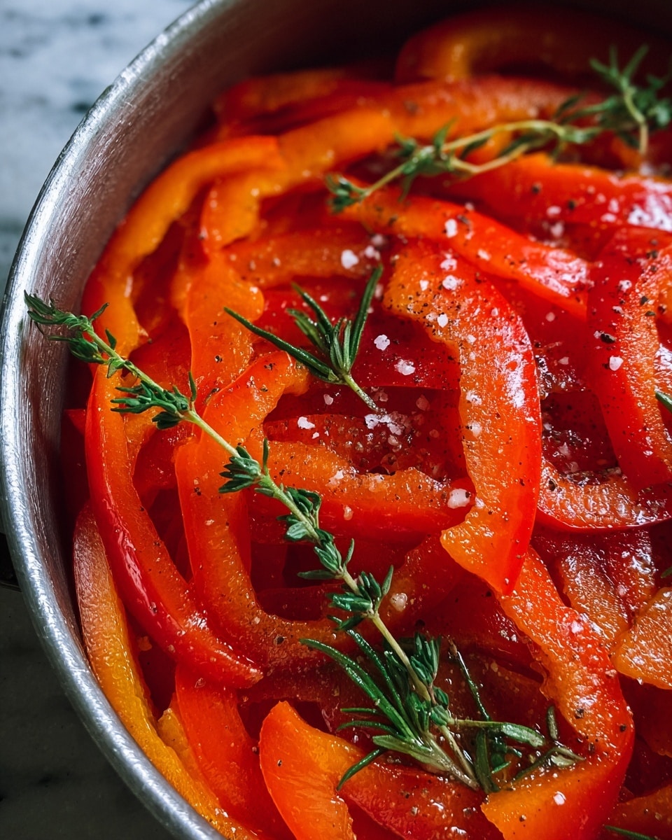 This image shows a close-up of many thin slices of bright orange-red bell peppers layered on top of each other, glistening with oil. Scattered on top are coarse salt crystals and black pepper specks, adding texture. Positioned on the peppers are a few sprigs of fresh green thyme and rosemary, adding a touch of green contrast. The sides of a metal pan are partly visible, holding the peppers tightly together, and the whole scene is set against a white marbled surface. photo taken with an iphone --ar 4:5 --v 7