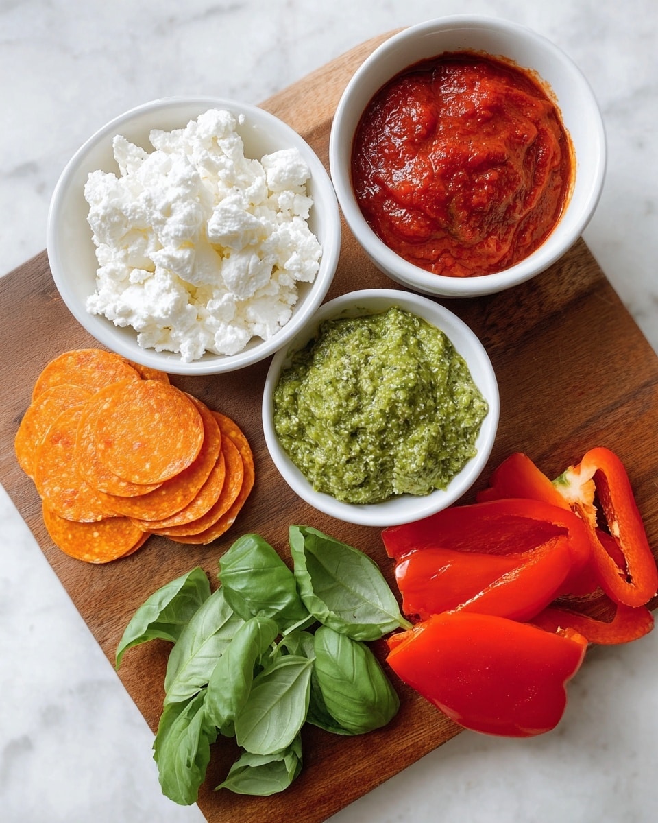A wooden board holds several small white bowls and fresh ingredients arranged in separate groups. In the upper left, a white bowl is filled with soft, crumbly white cheese. To its right, another white bowl contains a thick red tomato sauce with a slightly chunky texture. Below the cheese, a white bowl holds a green pesto with a creamy, slightly coarse surface. Next to this, bright green basil leaves with smooth textures are spread out neatly. Near the center bottom, there is a stack of thin, round orange slices of pepperoni with visible herbs. On the right side of the board are bright red roasted bell pepper halves with a shiny, smooth surface. The background is a white marbled surface. photo taken with an iphone --ar 4:5 --v 7