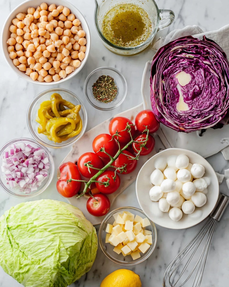A white bowl filled with light brown chickpeas is placed near a white bowl with small white round balls of mozzarella cheese. Near them is a white plate with yellow pickled peppers. A large round green iceberg lettuce and a purple radicchio lettuce head sit nearby. Bright red tomatoes on the vine spread across the scene, with a small white bowl of dried herbs next to them. Thin slices of purple onion are in a clear glass bowl, and small cubes of light yellow cheese are in another clear bowl. A glass measuring cup contains a greenish-yellow dressing with a whisk inside. A lemon half is visible in the background, and everything is arranged on a white marbled surface. Photo taken with an iphone --ar 4:5 --v 7