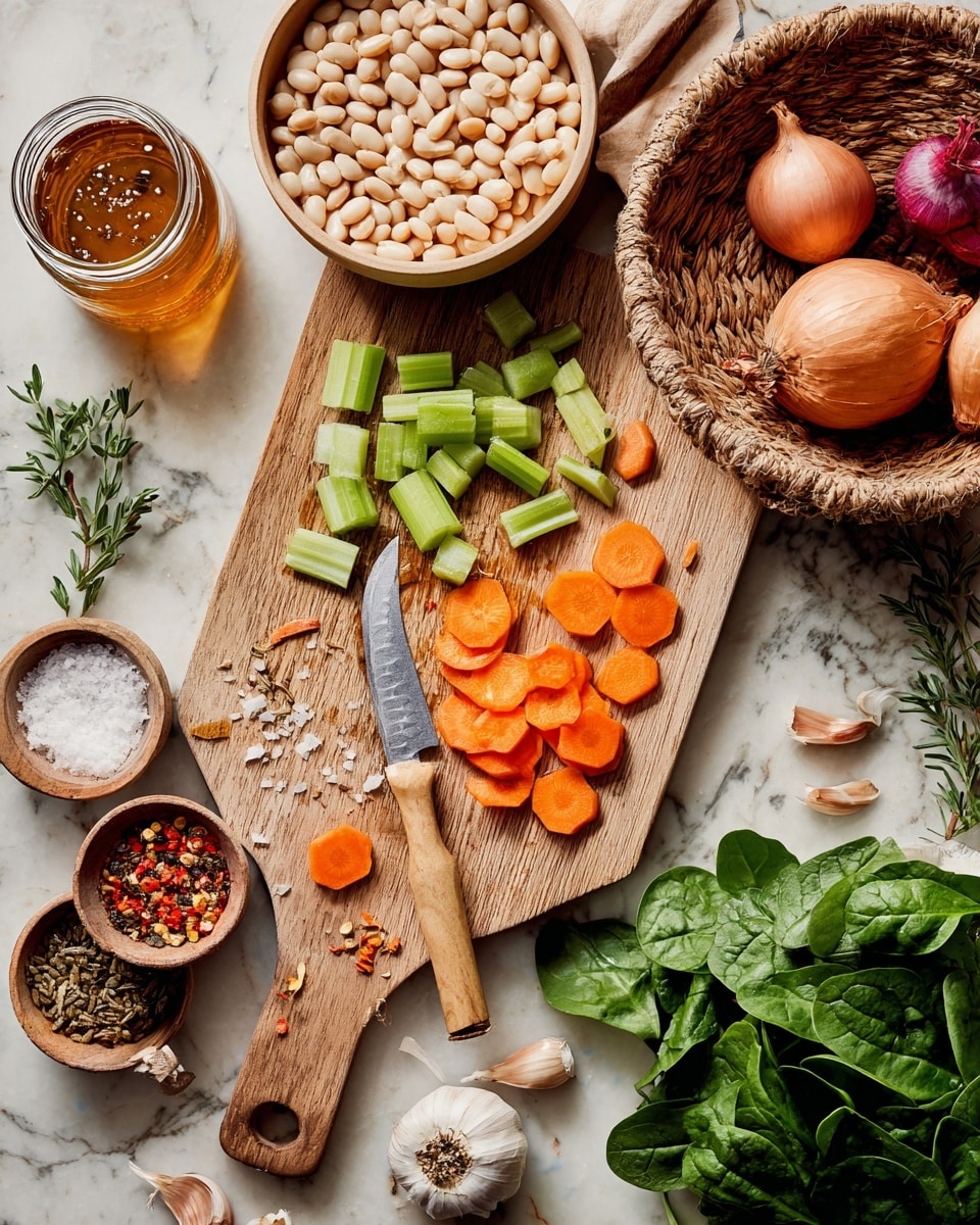 The image shows a wooden cutting board placed on a white marbled surface. On the board, there are bright orange carrot slices and sticks arranged near the center with a small knife with a light wooden handle resting on top of the slices. To the left of the carrots are small pieces of celery scattered around, and fresh celery stalks lie next to them. On the right side of the board, fresh green spinach leaves are spread out. Above the cutting board, there is a small round bowl filled with white beans, and next to it a glass jar filled with a golden-brown liquid. To the right, there is a woven basket containing red and yellow onions plus several garlic cloves, with more garlic cloves and a loose red onion placed nearby on the surface. Near the top left corner are sprigs of fresh herbs and small bowls on the left side containing coarse salt and a mixed green spice with red chili flakes. The whole setup is arranged neatly with natural light, photo taken with an iphone --ar 4:5 --v 7