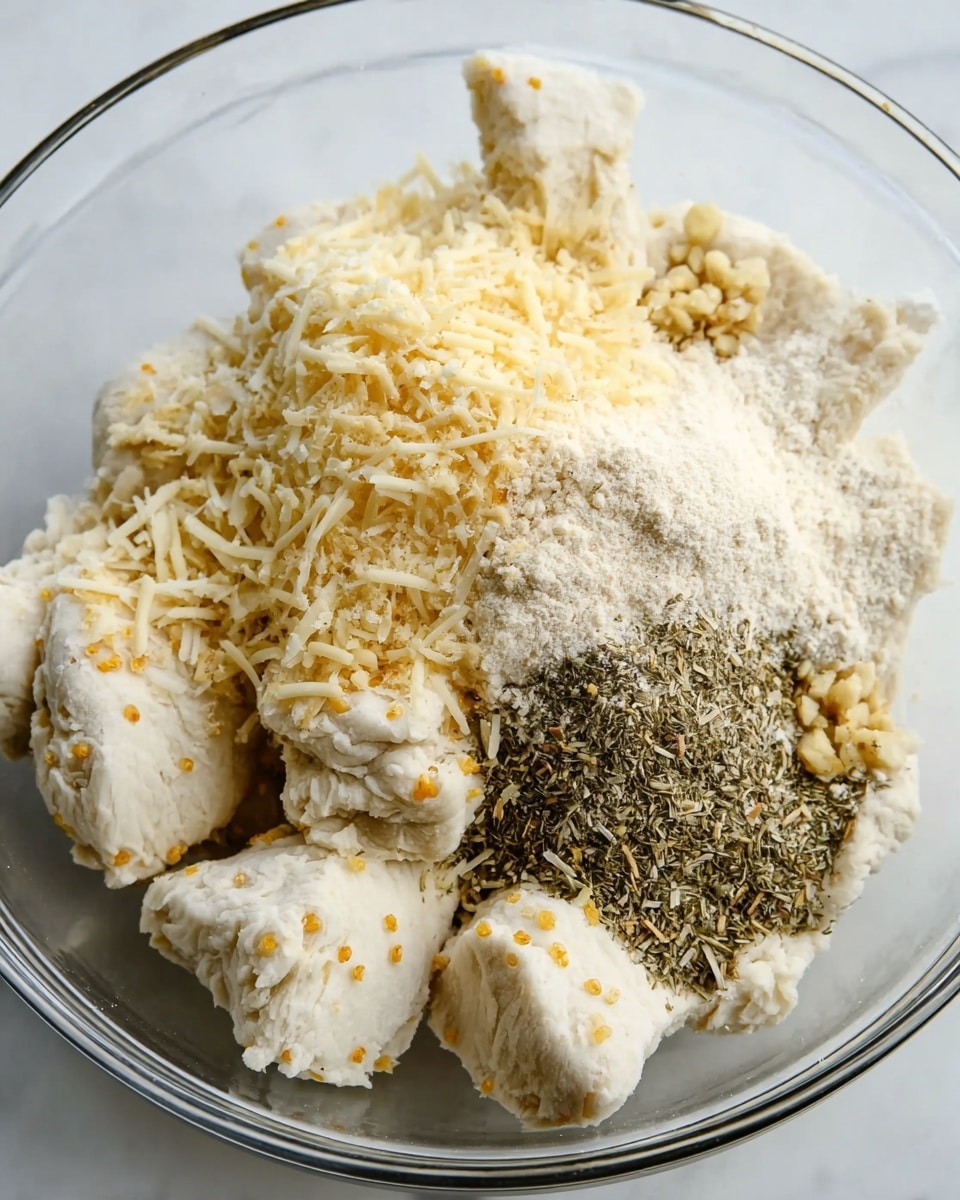The image shows a clear bowl filled with several layers of ingredients. At the bottom, there are large chunks of white dough sprinkled with small yellow parts. On top of the dough and spread around, there are piles of finely grated pale yellow cheese with a soft texture, a mound of light beige powder evenly covering part of the dough, and two different types of dried herbs sprinkled on the dough chunks. One type of herb is a darker green and the other is a bit lighter in color. There is also a small pile of minced garlic placed near the cheese and herbs. The bowl is set on a white marbled surface. photo taken with an iphone --ar 4:5 --v 7