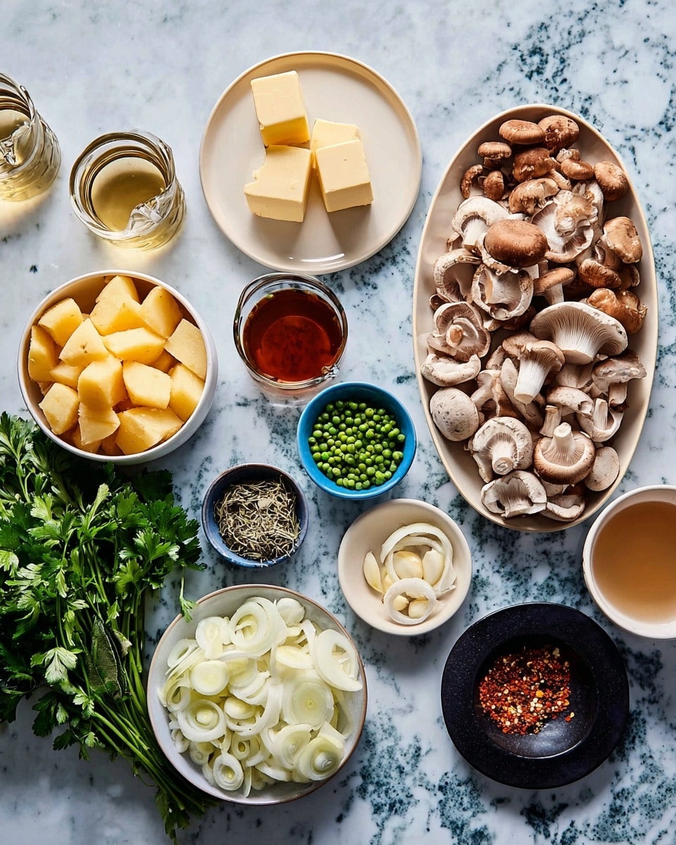 The image shows many ingredients laid out on a white marbled surface. On the right side, there is a white oval plate filled with three kinds of mushrooms: light brown, orange-yellow, and grayish, all whole or sliced. Next to this plate, small white bowls hold chopped garlic, olive oil, salt, and frozen green peas. Above the mushroom plate, a white plate has two cubes of butter, and nearby small bowls hold dried herbs and a dark sauce. On the left side, there is a white bowl filled with cubed peeled potatoes and another white bowl with chopped onions. A cluster of green parsley sits on the far left. Two glass containers hold a light clear liquid and a darker liquid, likely broth. A small black round dish contains bay leaves, black pepper, and red pepper flakes. The colors are natural and fresh with white, green, orange, and brown tones. Photo taken with an iphone --ar 4:5 --v 7