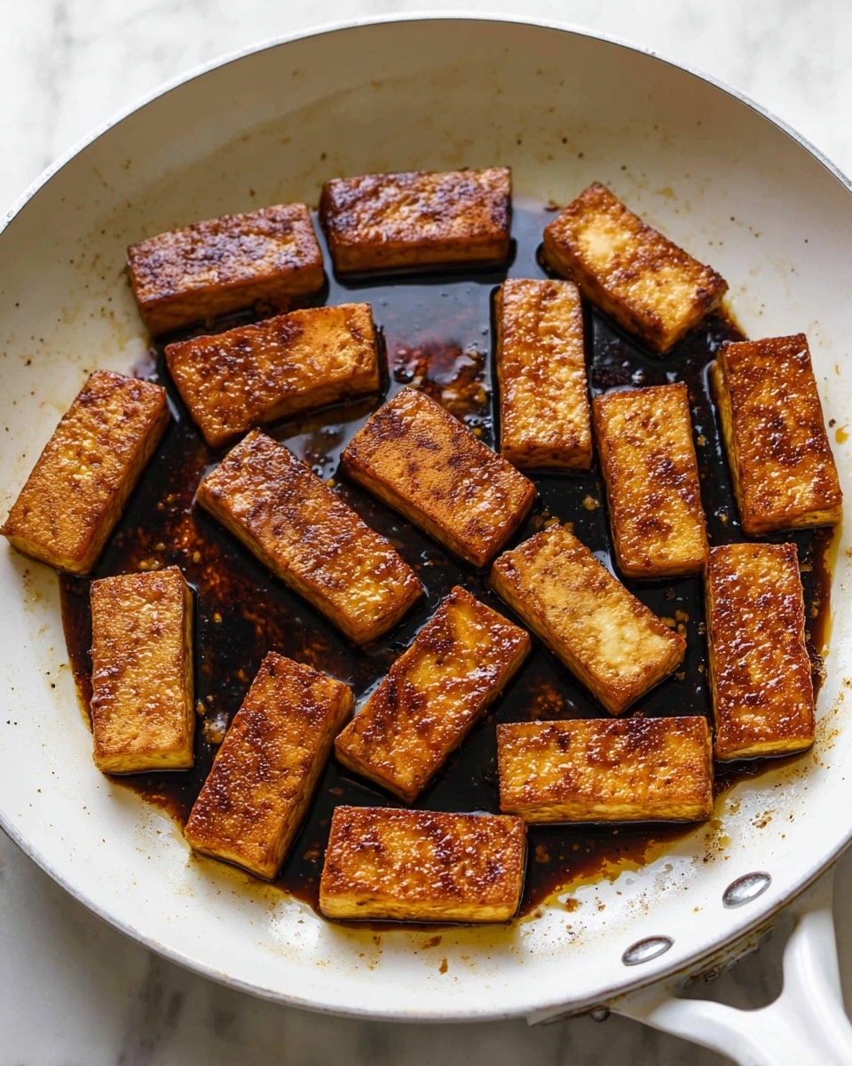 The image shows a white pan with about twenty small rectangular pieces of tofu inside. Each piece is golden brown and has a crispy, textured surface. The tofu is arranged in a somewhat scattered and uneven pattern, resting in a thin layer of dark, slightly oily sauce that pools around the pieces. The pan’s edge and handle are visible, and the surface beneath the pan is a white marbled texture. The lighting highlights the browned edges and the shiny sauce on the tofu pieces photo taken with an iphone --ar 4:5 --v 7