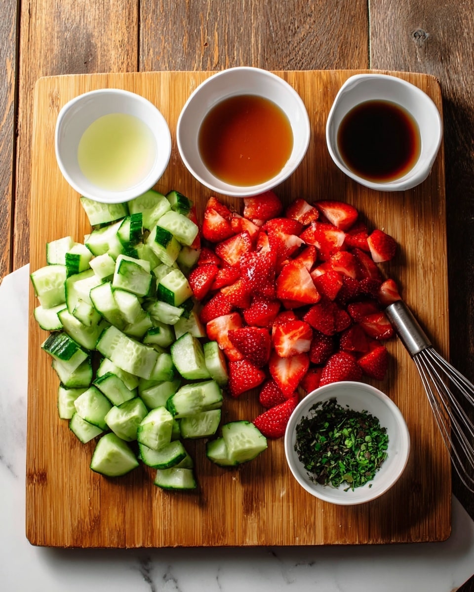 The image shows a wooden cutting board placed on a white marbled surface, with three main ingredients neatly arranged on it. On the left side, there are thick slices of light green cucumber with darker green skin. In the middle, there is a large pile of bright red, chopped strawberries with their seeds visible on the surface. On the right side, there is a small pile of finely chopped dark green herbs. Around the cutting board, there are three white bowls; one with a light yellow liquid which could be honey or oil, one with a dark brown liquid, and one empty bowl with a metal whisk inside it. photo taken with an iphone --ar 4:5 --v 7