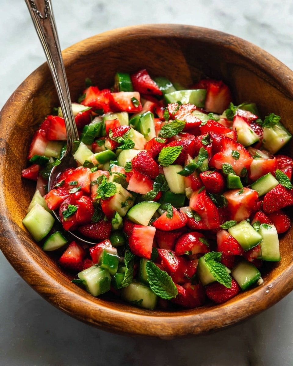 A wooden bowl is filled with a fresh salad made of three main layers: bright red strawberry pieces, light green cucumber chunks with dark green skin, and small bits of green mint scattered evenly on top. The salad has a rough, natural texture with the juicy strawberries contrasting with the crisp cucumber. A silver spoon is placed inside the bowl, scooping some of the salad. The bowl is set on a white marbled surface. photo taken with an iphone --ar 4:5 --v 7