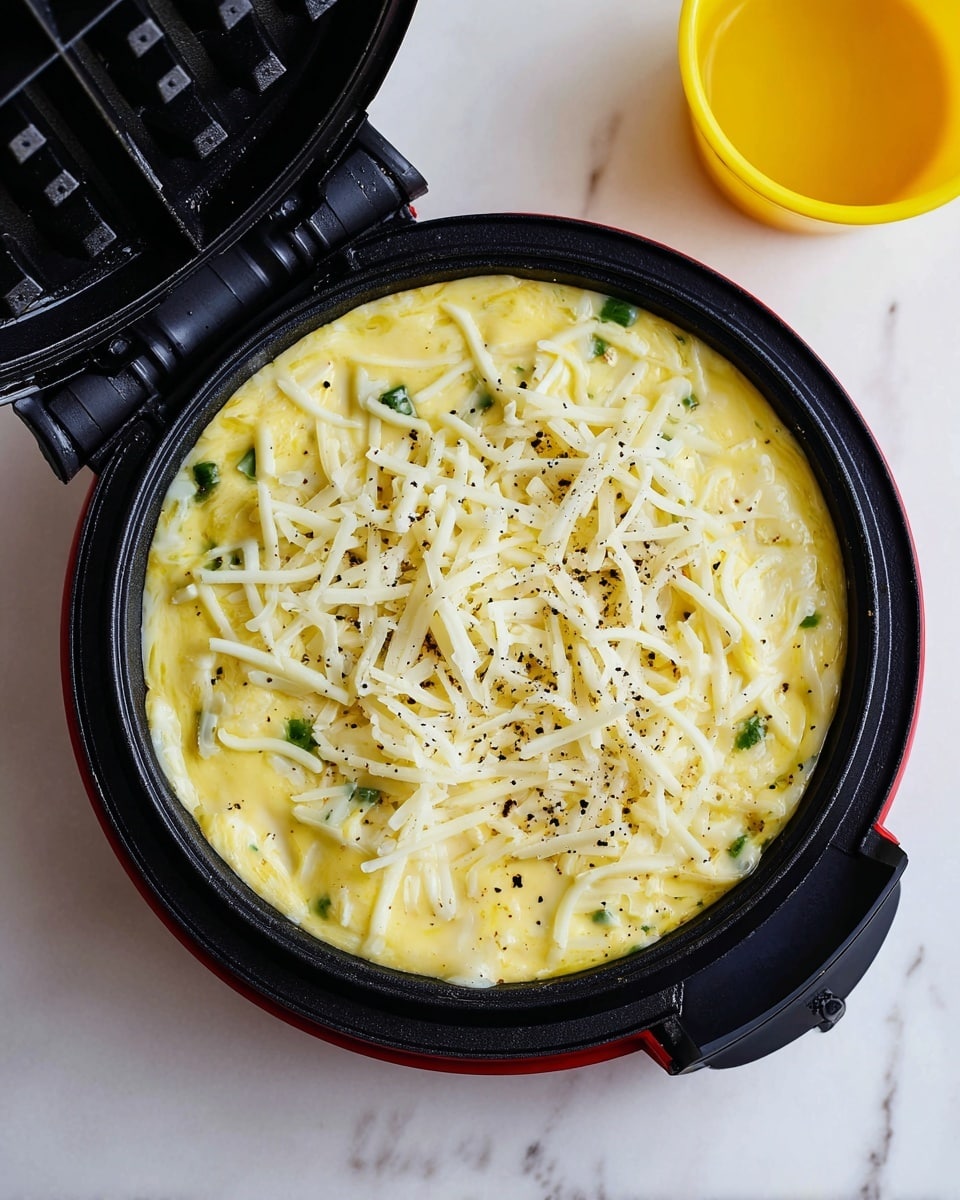 The image shows a black waffle maker filled with a batter mixture that has three main visible layers: the base layer is a light yellow egg batter that looks smooth and slightly liquid, scattered throughout with small green bits of chopped vegetables, followed by a thin layer of white shredded cheese spread evenly on top, with small specks of black pepper sprinkled over the surface. The waffle maker is open, sitting on a white marbled surface, and there is a small bright yellow container off to the side. Photo taken with an iphone --ar 4:5 --v 7