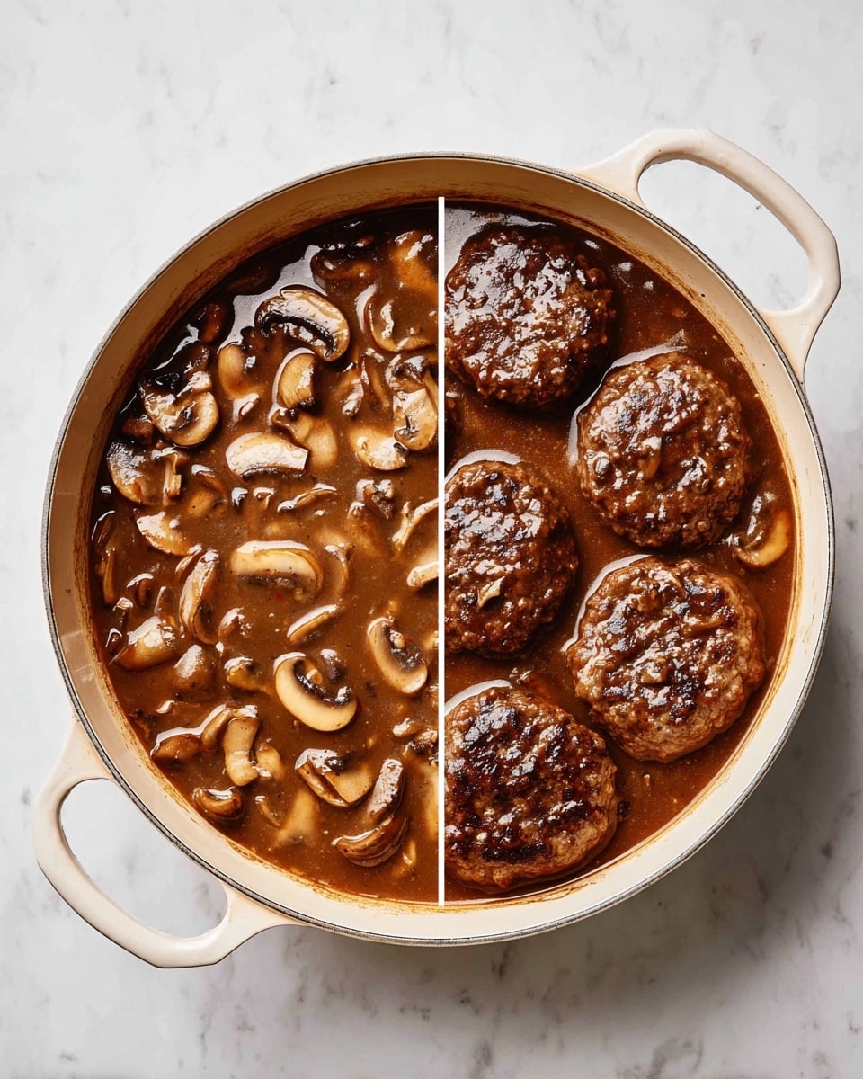 A white enameled pot with two side handles is shown from above on a white marbled surface. On the left side, the pot is filled with a rich brown mushroom gravy, containing many sliced light brown mushrooms floating evenly throughout. On the right side, the same pot contains six browned round patties partially submerged in the same mushroom gravy, with extra mushroom slices placed on top of the patties. The gravy has a glossy, thick texture that coats the patties and mushroom slices. The scene captures a cooked mushroom sauce both plain and with meat patties clearly visible. photo taken with an iphone --ar 4:5 --v 7