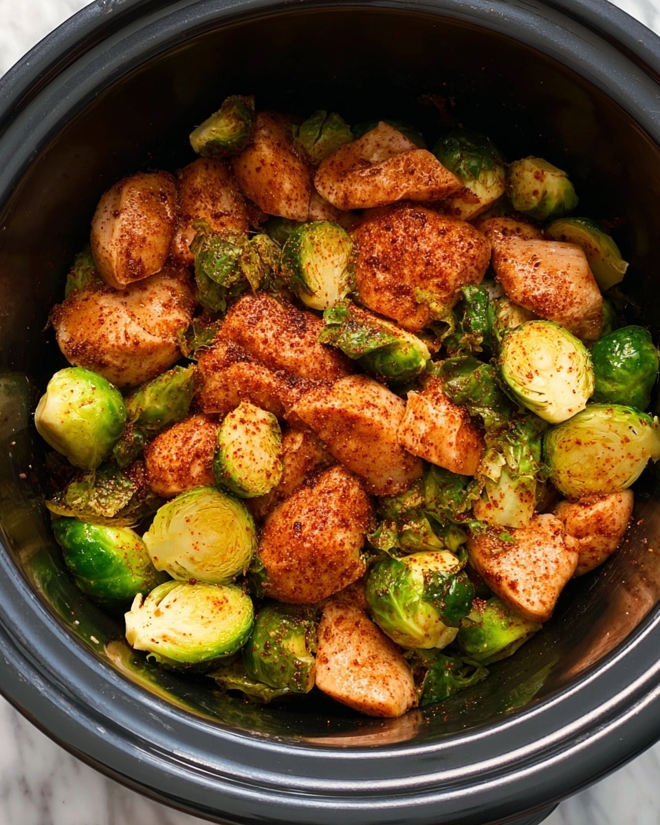 In a black cooking pot, there are many pieces of raw chicken with a reddish-brown spice coating, mixed with halved Brussels sprouts that have bright green leaves and pale yellow insides. The chicken pieces are chunky and spread evenly throughout the pot, surrounding and touching the vibrant Brussels sprouts. The texture of the chicken looks smooth with a sprinkle of seasonings, while the Brussels sprouts have a slightly rough surface with layers of leafy greens. The background is a white marbled texture. photo taken with an iphone --ar 4:5 --v 7