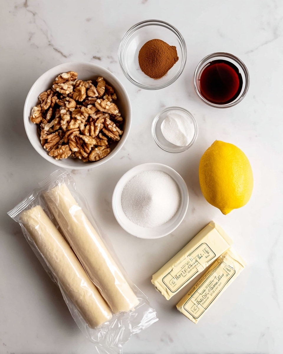 This image shows several ingredients placed neatly on a white marbled surface. In the middle, there is one white bowl filled with light brown walnut halves. On the left side above the bowl, there is a small clear glass bowl with brown cinnamon powder inside and above it, a larger clear glass container with dark brown syrup. To the right of the syrup, there is a whole bright yellow lemon. Below the lemon is a white bowl filled with white granulated sugar. To the right of the sugar bowl, there are three sticks of butter in their wrappers, two small and one large. On the bottom left, two rolls of light beige dough wrapped in clear plastic are placed horizontally. photo taken with an iphone --ar 4:5 --v 7