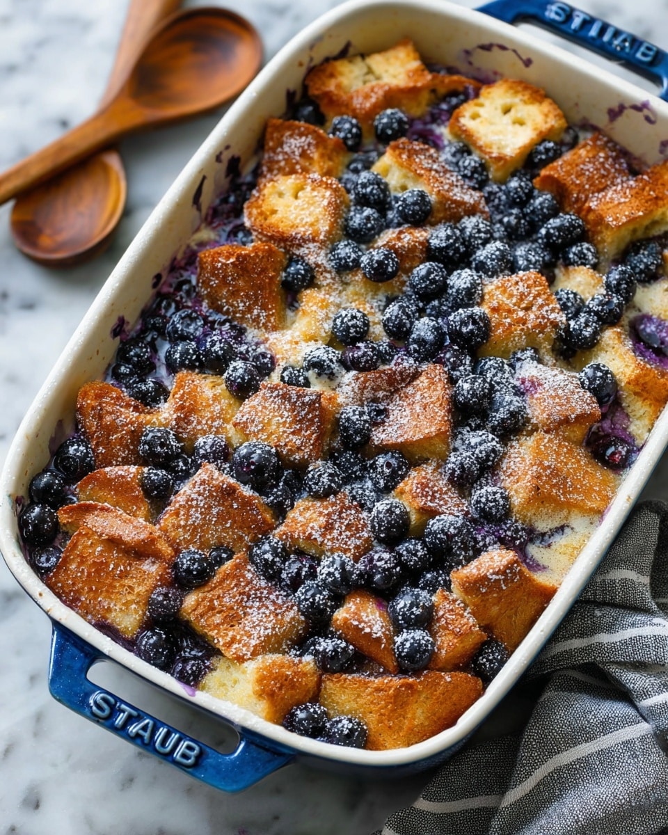 A rectangular white baking dish filled with a layered dessert that has golden-brown toasted bread pieces on top, scattered with plump dark blueberries throughout the layers and surface. The bread pieces have a slightly crisp texture and are dusted evenly with fine white powdered sugar. Some blueberry juice is visible around the edges, creating small purple spots. The dish handle is blue with the word STAUB embossed on it. The background is a white marbled texture with a wooden spoon and a gray striped cloth nearby. photo taken with an iphone --ar 4:5 --v 7