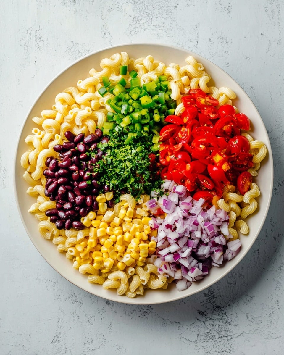 A white plate sits on a white marbled surface, filled with six layers of ingredients arranged in a circle. The base layer is light yellow elbow macaroni covering the whole plate. On top, in separate sections, are chopped green peppers, bright red diced bell peppers, shiny black beans, yellow corn kernels, chopped green herbs, finely chopped red onions, and halved red cherry tomatoes. Each ingredient is neatly placed next to each other, showing a clear color contrast between the creamy pasta and the fresh vegetables. photo taken with an iphone --ar 4:5 --v 7