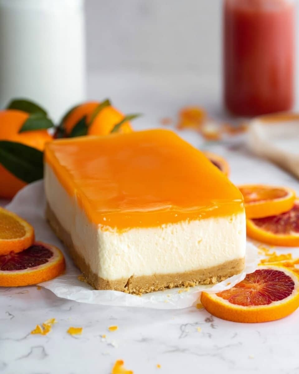 A rectangular dessert with three visible layers sits on white parchment paper over a white marbled surface. The bottom layer is a light brown crust that looks firm and crumbly. Above this crust is a thick, creamy white middle layer with a smooth texture. The top layer is a bright orange, glossy jelly-like layer that covers the entire surface evenly. Around the dessert, there are orange and blood orange slices and whole oranges with dark green leaves. A woman's hand is gently touching the left side of the dessert. In the background, there is a blurred white jar and a jar filled with a red-orange liquid. Photo taken with an iphone --ar 4:5 --v 7
