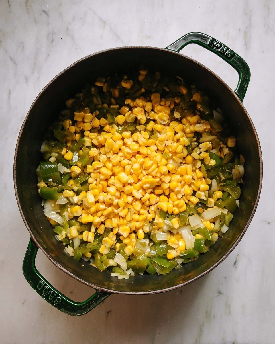 A black pot with green handles holds a cooked mix of chopped green peppers and onions as the bottom layer, with bright yellow corn kernels piled in the center on top. The vegetables and corn have a glossy, soft texture, and the pot sits on a white marbled surface. Photo taken with an iphone --ar 4:5 --v 7