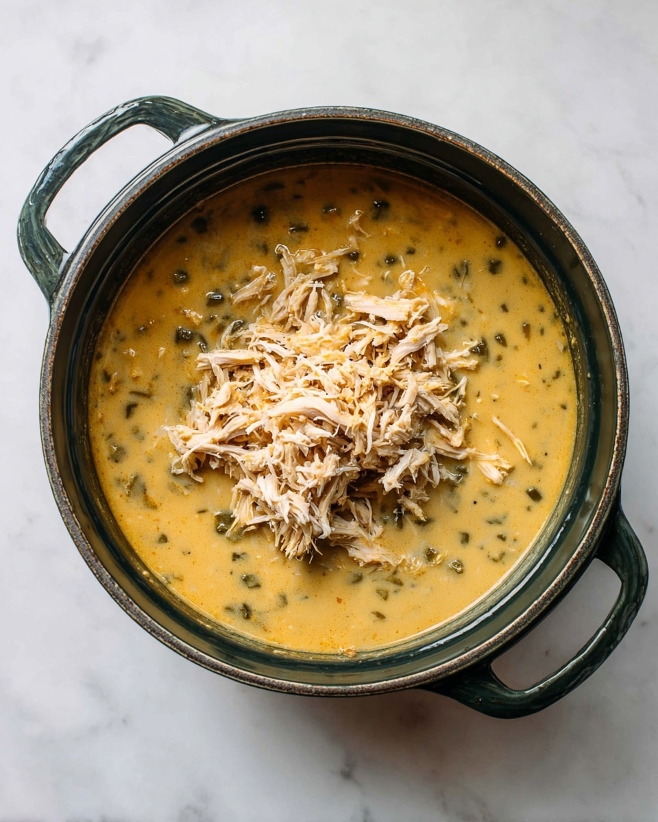 A round, dark green pot with two handles sits on a white marbled surface. Inside the pot, there is a thick, creamy yellowish-brown soup with visible small green vegetable pieces. On top of the soup, in the middle, there is a pile of shredded light beige meat, creating a textured contrast with the smooth soup below. Photo taken with an iphone --ar 4:5 --v 7