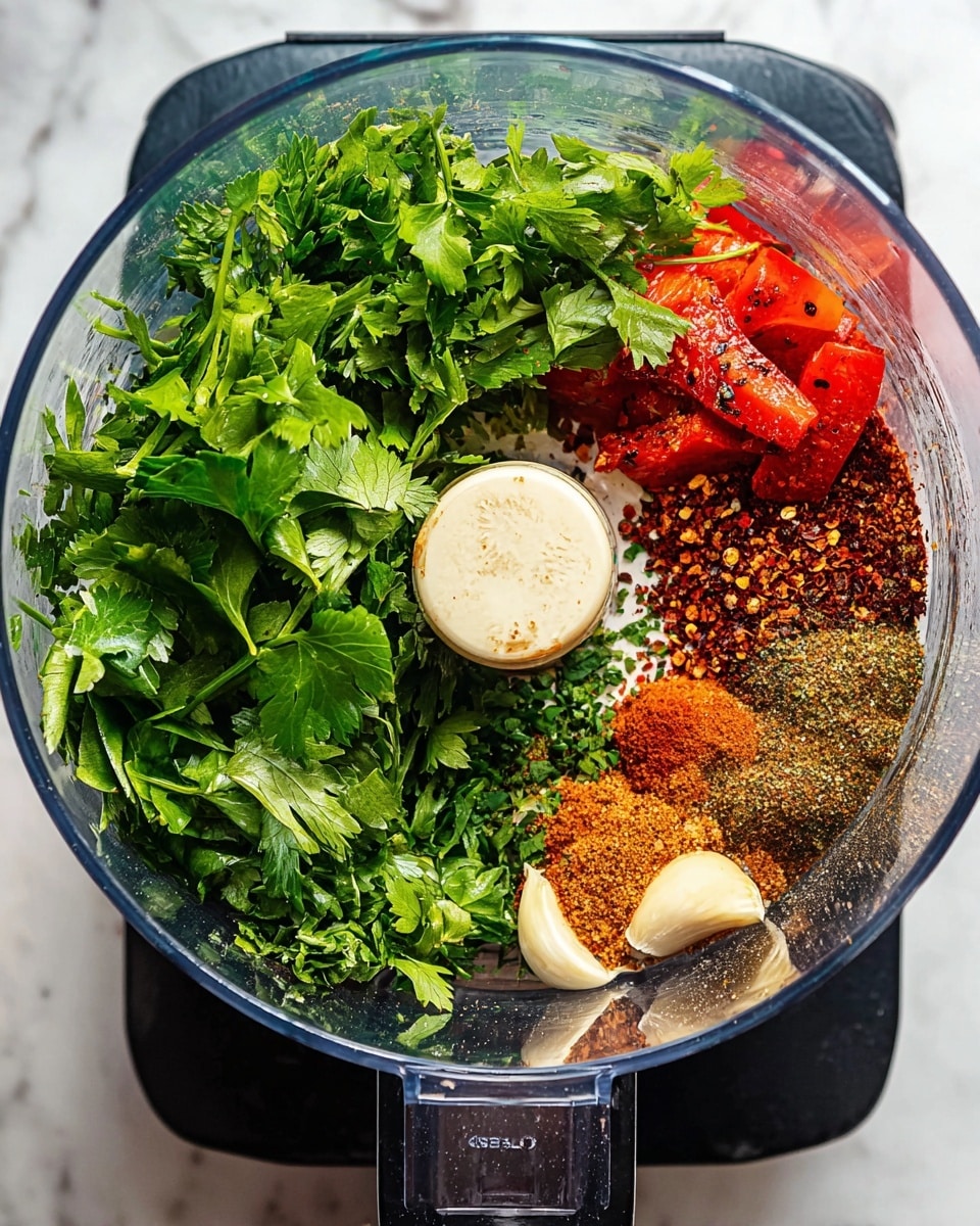 Inside a clear food processor bowl on a black base, several fresh green herbs like parsley and cilantro are piled on the left side, showing bright leafy textures. On the right side, there are soft red roasted pepper pieces, scattered red pepper flakes, and small heaps of brown and orange spices with powdery texture. Several cloves of peeled garlic rest near the bottom, partially covered by the herbs and spices. The whole setup is placed on a white marbled surface. photo taken with an iphone --ar 4:5 --v 7