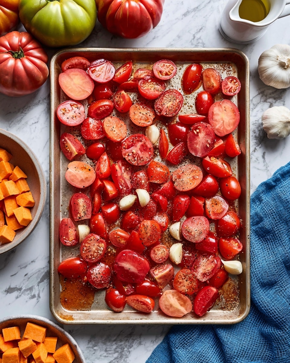 A baking tray filled with a mix of red grape tomatoes, halved and whole, along with chunks of pinkish red tomatoes scattered mostly on the bottom half. There are three whole white garlic cloves placed among the tomatoes. The tomatoes are lightly seasoned with black pepper and glistening as if coated with oil. Surrounding the tray on a white marbled surface are whole heirloom tomatoes in green and red shades on the top left, a bulb of garlic on the top right, a small white pitcher of olive oil partially visible, a blue cloth on the right edge, and a bowl with cubed orange sweet potatoes in the bottom left corner alongside a whole sweet potato. Photo taken with an iphone --ar 4:5 --v 7