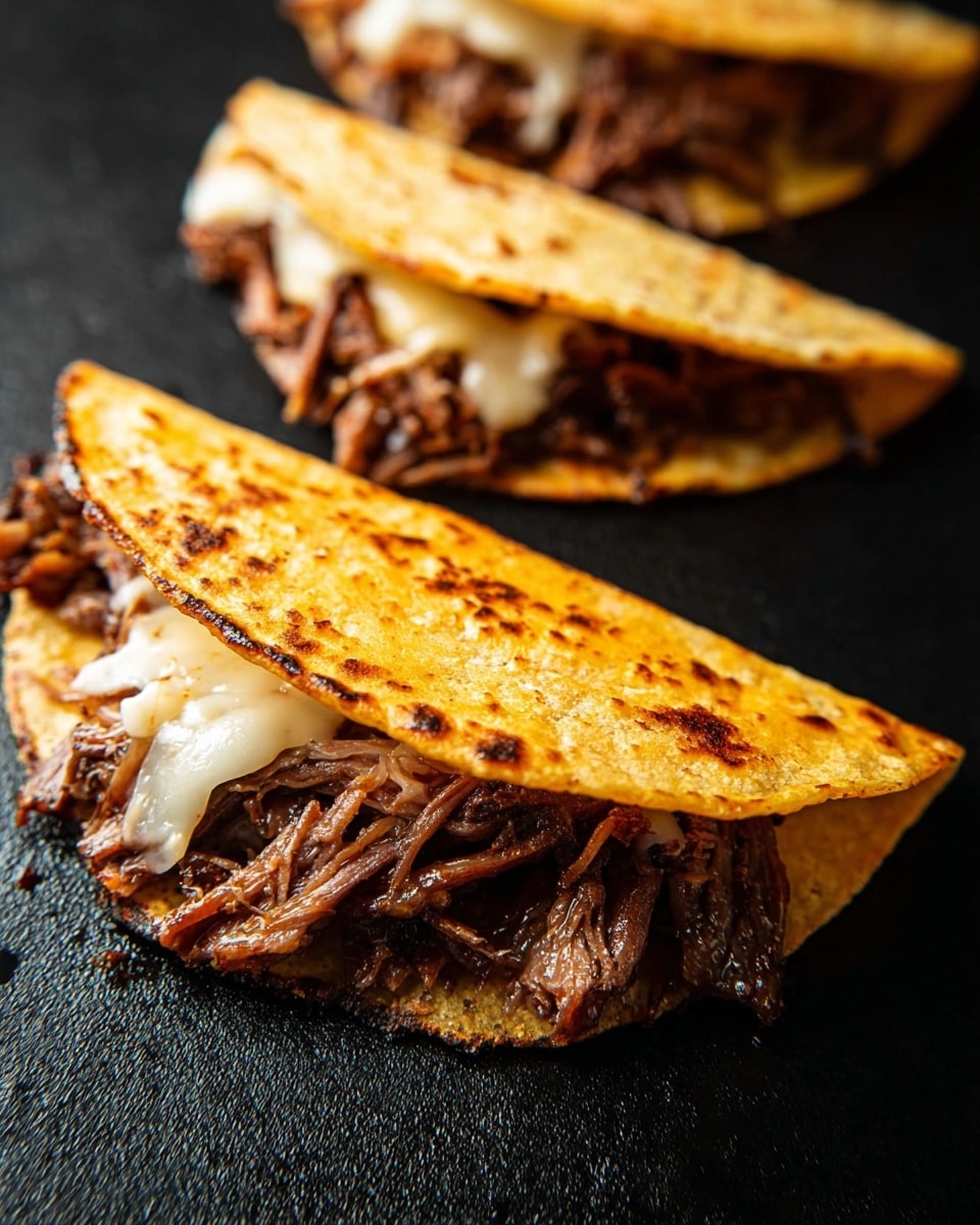 Three tacos are shown on a black textured surface, each folded in half with two main visible layers inside. The first layer is melted white cheese, soft and slightly stretchy, sitting directly under the golden-yellow taco shells, which have a toasted, slightly crispy texture with brown spots. Underneath the cheese is the second layer consisting of shredded dark brown meat with a slightly glossy appearance. The tacos are arranged diagonally with the closest taco showing more detail of the inside layers, while the other two are blurred in the background. photo taken with an iphone --ar 4:5 --v 7