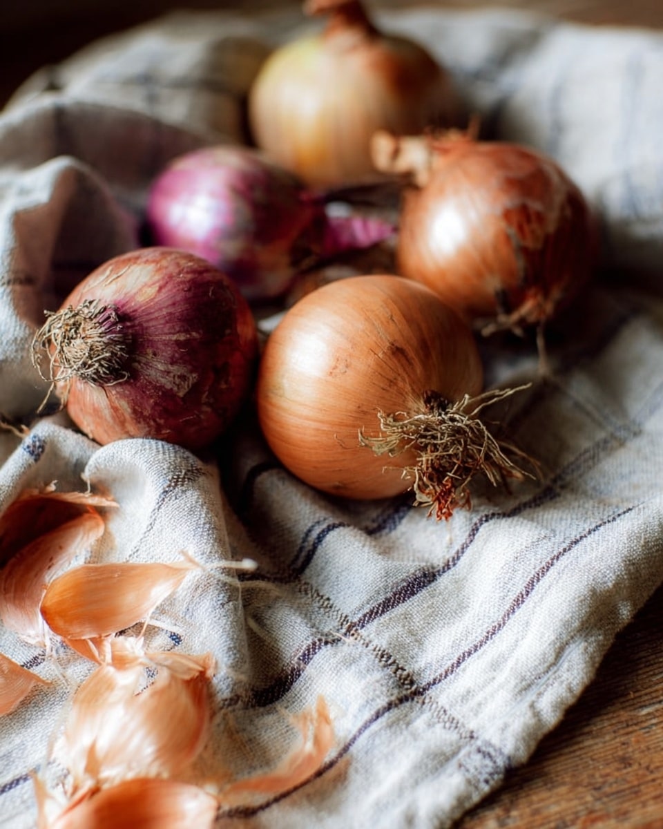 The image shows several onions with brown and reddish skins lying closely together on a soft, light gray cloth with dark stripes. Some dry, papery onion layers are scattered loosely around the onions. The background is a wooden surface that looks slightly worn, while the cloth beneath the onions has a soft texture with folds and creases. There are roots and stems still attached to some onions, giving a natural and fresh look. photo taken with an iphone --ar 4:5 --v 7