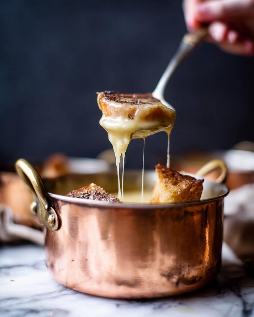 The image shows a shiny copper pot filled with thick, creamy soup that is pale yellow in color. On top of the soup, there are some browned pieces, possibly toasted bread, partly soaked in the soup, with a rough texture and dark brown edges. A woman's hand is holding a spoon above the pot, lifting some of the soup, which looks smooth and slightly stringy, dripping back down. The setting has a soft focus, with a dark blurry background making the pot and soup stand out. The pot is sitting on a white marbled surface. photo taken with an iphone --ar 4:5 --v 7