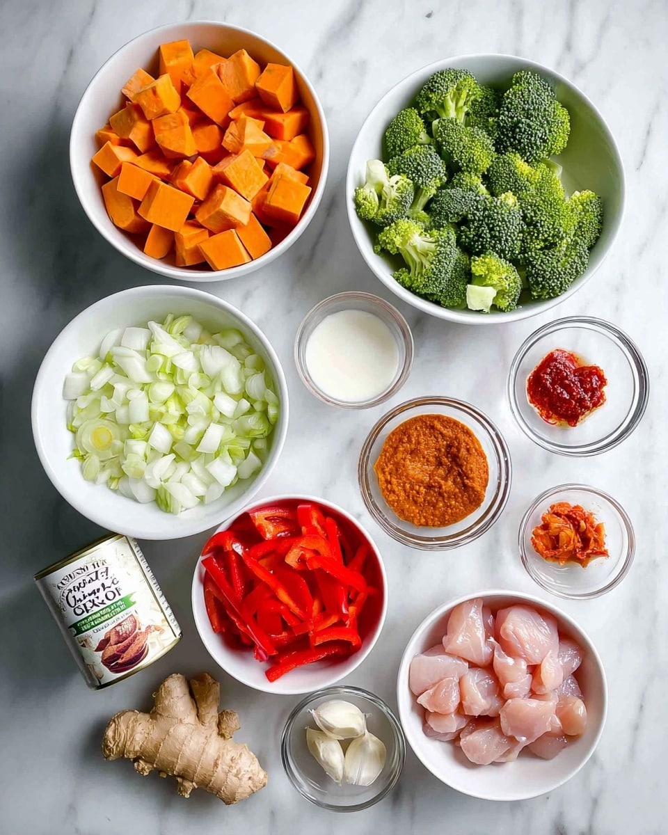 The image shows a white marbled surface with several white bowls and small glass bowls arranged neatly. There are six main white bowls: one with orange cubed sweet potatoes, one with green broccoli florets, one with chopped white onions, one with sliced red bell peppers, one with raw pink chicken pieces, and one small bowl with fresh ginger and two garlic cloves. There are three small glass bowls with different reddish-orange pastes and a small bowl of white coconut oil. On the bottom left, a can of organic coconut milk is placed. The colors are vibrant with clear separation between the ingredients. photo taken with an iphone --ar 4:5 --v 7