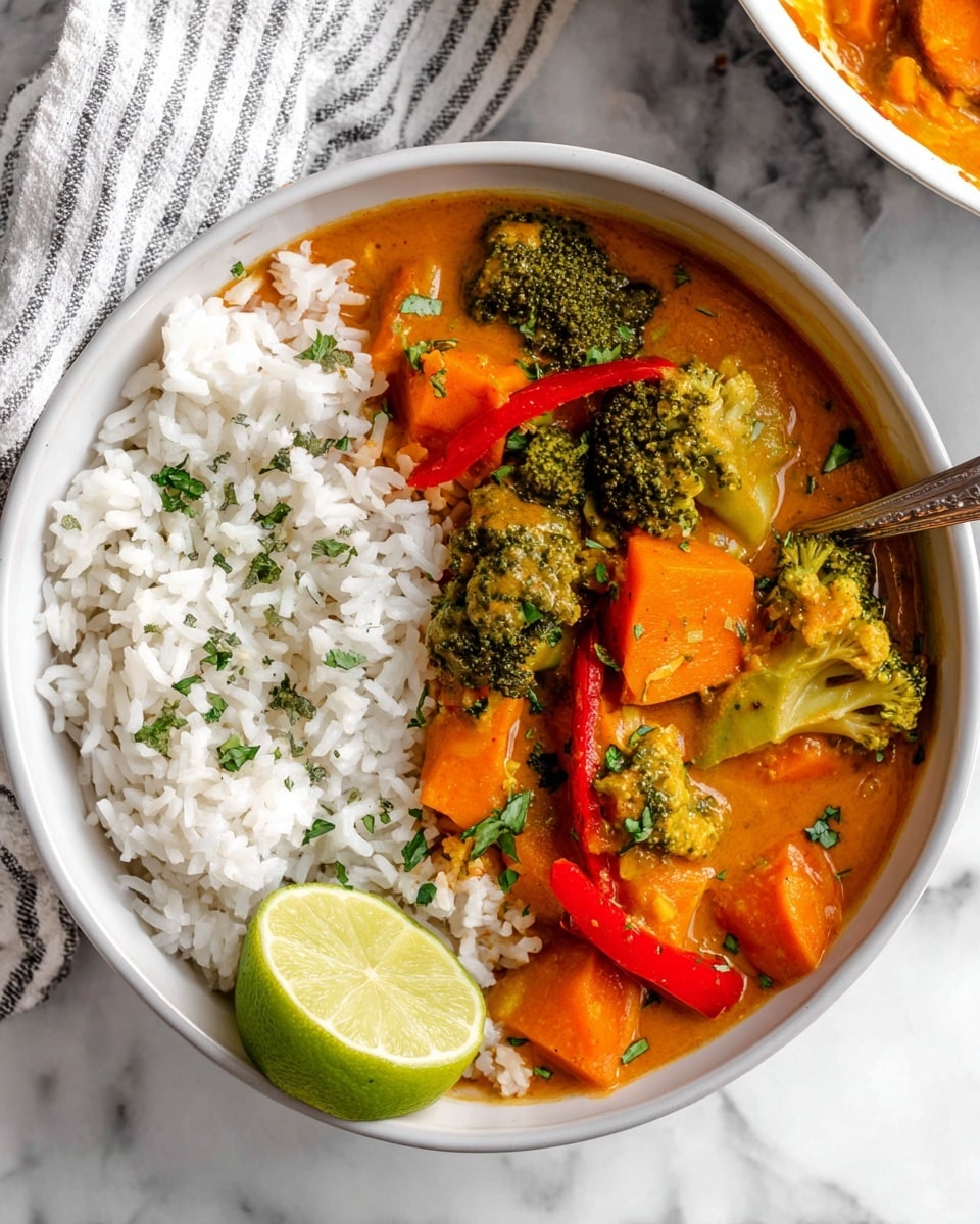 The image shows a large white pot filled with a thick, orange-colored curry. Inside the curry, there are visible chunks of light brown chicken pieces, bright orange sweet potato cubes, green broccoli florets, creamy white cauliflower pieces, and vibrant red bell pepper slices. Small green cilantro leaves float on the surface. The curry has a smooth texture with some oil spots. The pot sits on a white marbled surface, and a striped kitchen towel can be seen partly under the pot's handle. Part of a white bowl filled with cooked white rice is visible in the bottom right corner. Photo taken with an iphone --ar 4:5 --v 7