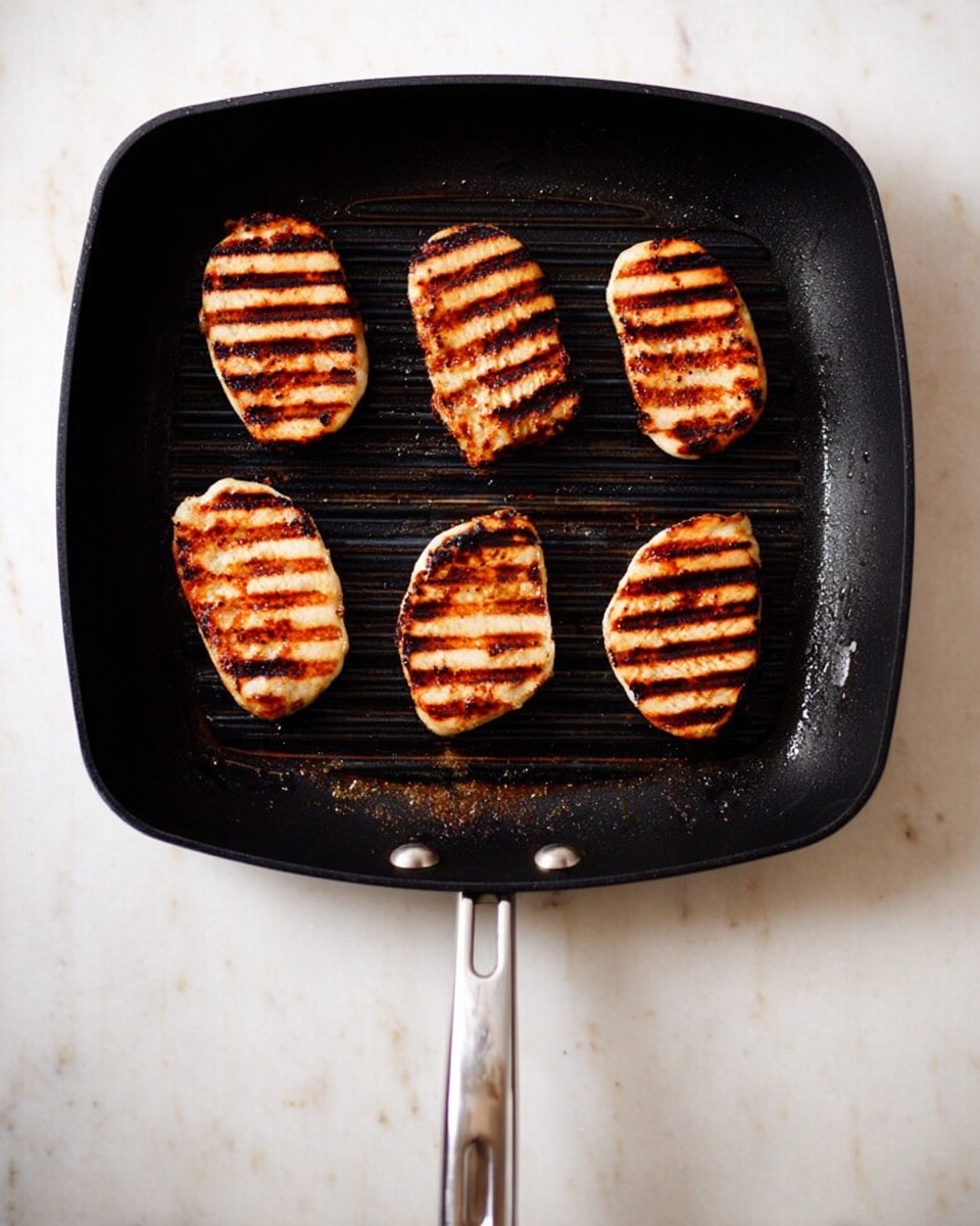 A black square grill pan with a silver handle holds six small, oval pieces of food, each with dark brown grill marks running horizontally across their light beige surfaces. The pieces are evenly spaced in two rows of three, showing a mix of lightly and more heavily grilled areas. The pan sits on a white marbled surface, with some spots on the pan showing signs of use. photo taken with an iphone --ar 4:5 --v 7