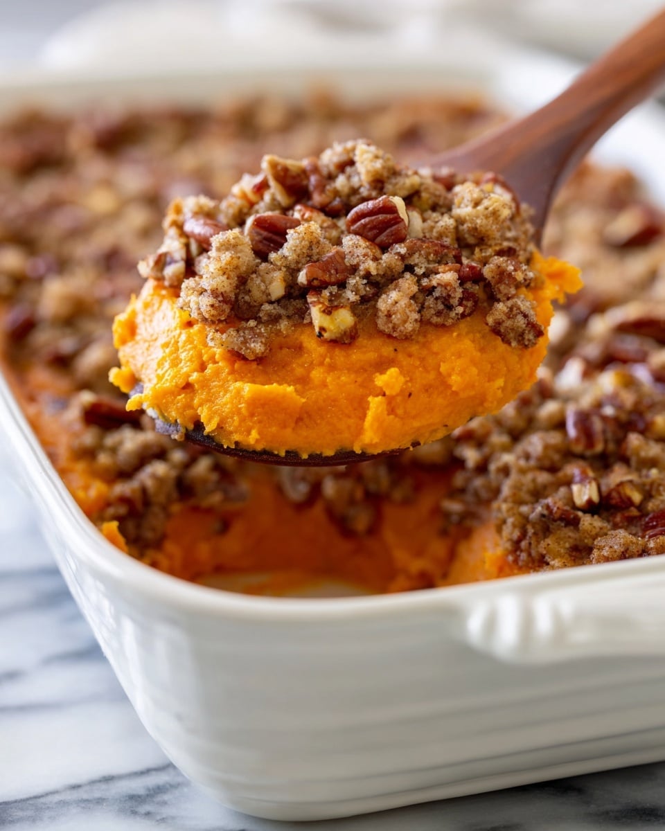 A close-up of a white baking dish filled with a two-layer sweet potato casserole. The bottom layer is smooth and bright orange sweet potato mash with a soft texture, and the top layer is a crumbly brown topping with chopped pecans mixed in, giving it a crunchy look. A wooden spoon is lifting a portion out, showing the thick layers clearly. The dish is set on a white marbled surface. Photo taken with an iphone --ar 4:5 --v 7