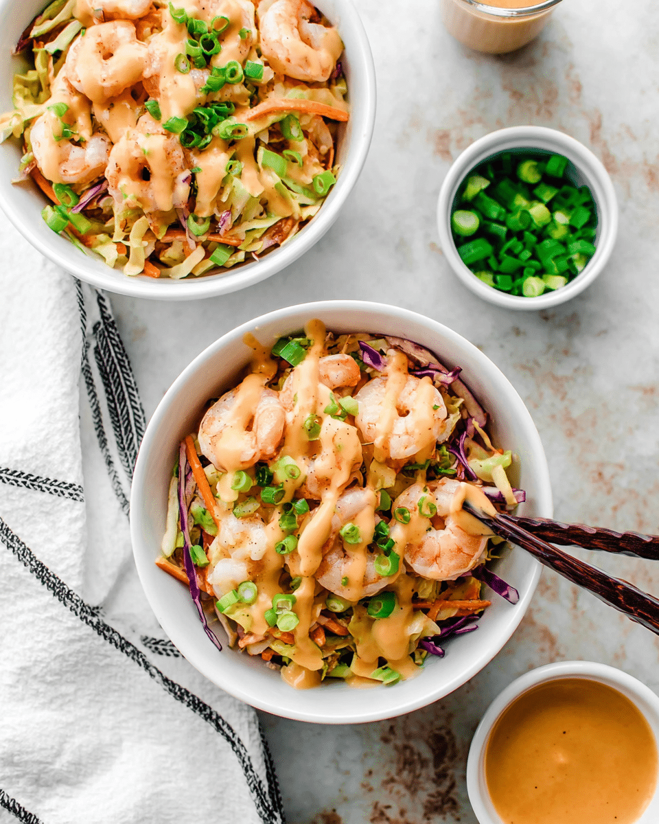 Two white bowls filled with a layered shrimp dish sit on a white marbled surface. Each bowl has a base layer of mixed shredded vegetables like cabbage and carrots in light green, pale purple, and orange colors. On top, there are pink cooked shrimp scattered evenly across the vegetables. The dish is drizzled with light orange creamy sauce and sprinkled with small chopped green onions. One bowl is held by a pair of dark brown chopsticks lifting some shrimp and vegetables. Near the bowls, there are two small white cups, one filled with more green onions and the other containing the same orange sauce. A white cloth with a black stripe pattern is also partially visible. Photo taken with an iphone --ar 4:5 --v 7
