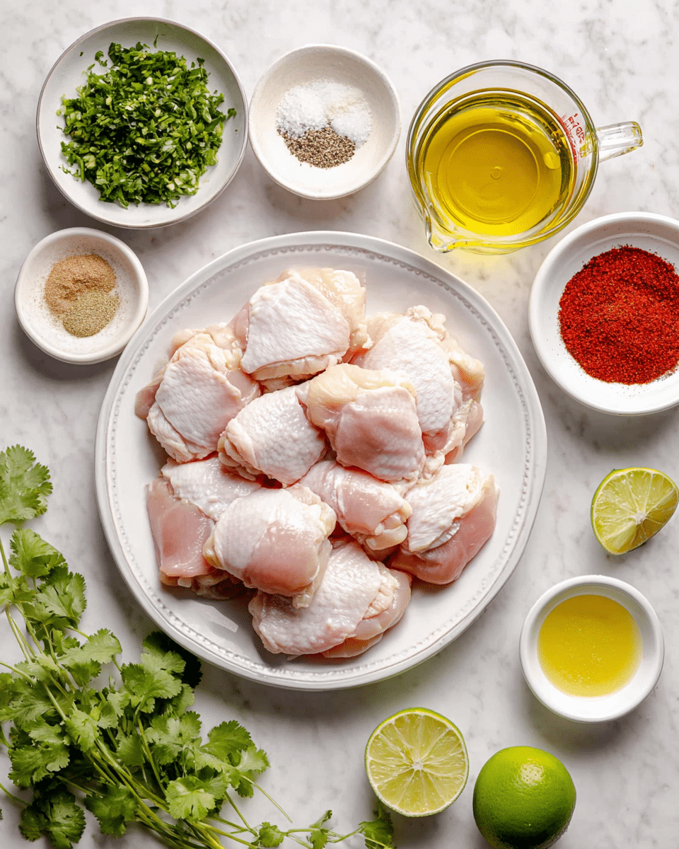 A white plate holds eight pieces of raw light pink chicken thighs arranged in a slightly overlapping circle near the center. Surrounding the plate are small white bowls filled with ingredients: finely chopped fresh green cilantro at the top left, minced white garlic next to it, coarse white salt mixed with black pepper below that, bright red chili powder in another bowl, and ground brown spice beneath it. A clear measuring cup filled with golden-yellow oil sits at the top right. Below the plate, a whole bright green lime and a half lime with pale green flesh rest near a small white bowl of pale yellow lime juice. Fresh green cilantro leaves are scattered on a white marbled surface that serves as the background. Photo taken with an iphone --ar 4:5 --v 7