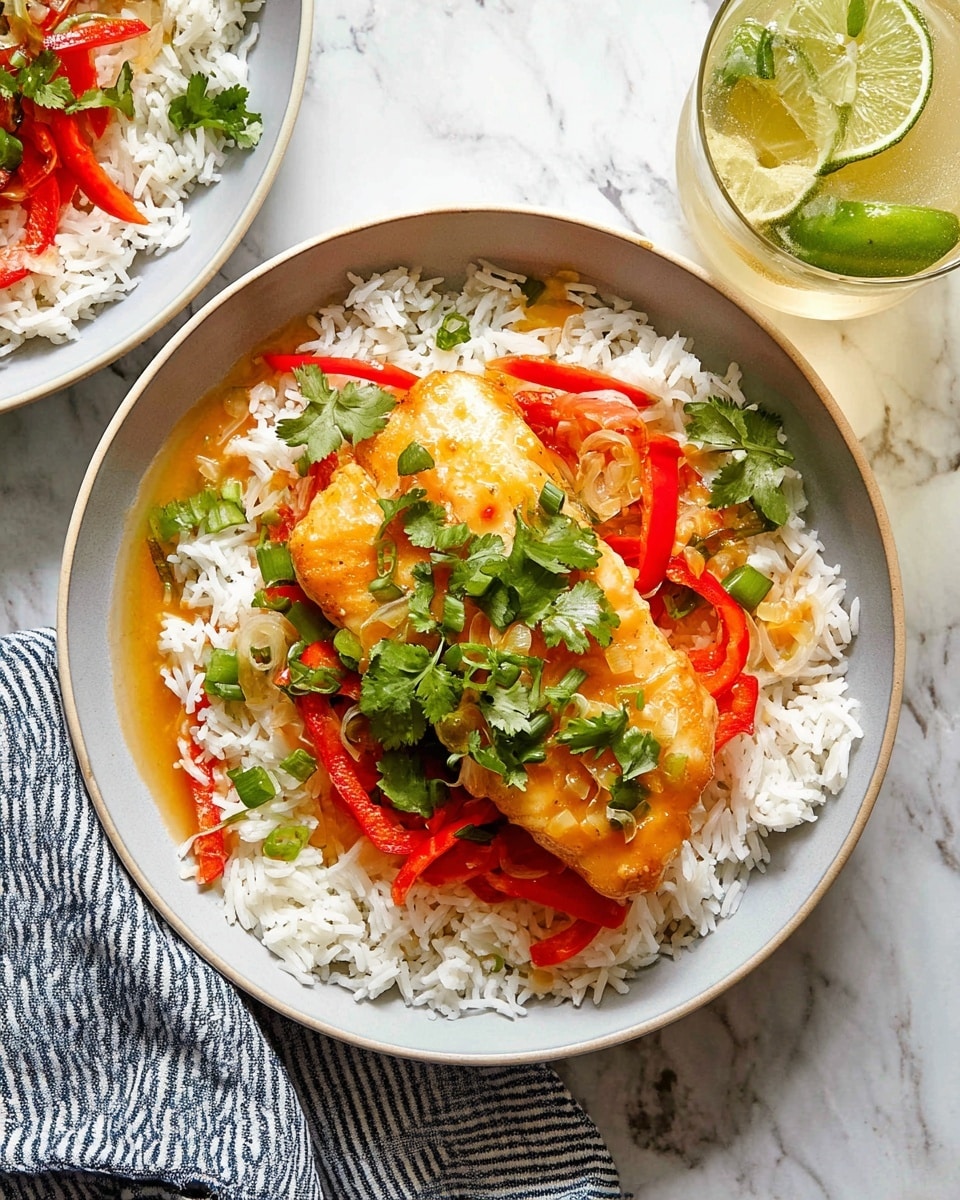 A bowl with a base layer of white cooked rice surrounded by thin red pepper strips and bits of green onion. On top of the rice sits a piece of cooked fish covered in a light orange sauce with small pieces of onion. The dish is finished with fresh green cilantro leaves scattered over the fish. The bowl is white, set on a white marbled surface next to a glass of a light yellow drink with bubbles and halved green limes. A striped cloth is partly visible under the bowl. Photo taken with an iphone --ar 4:5 --v 7