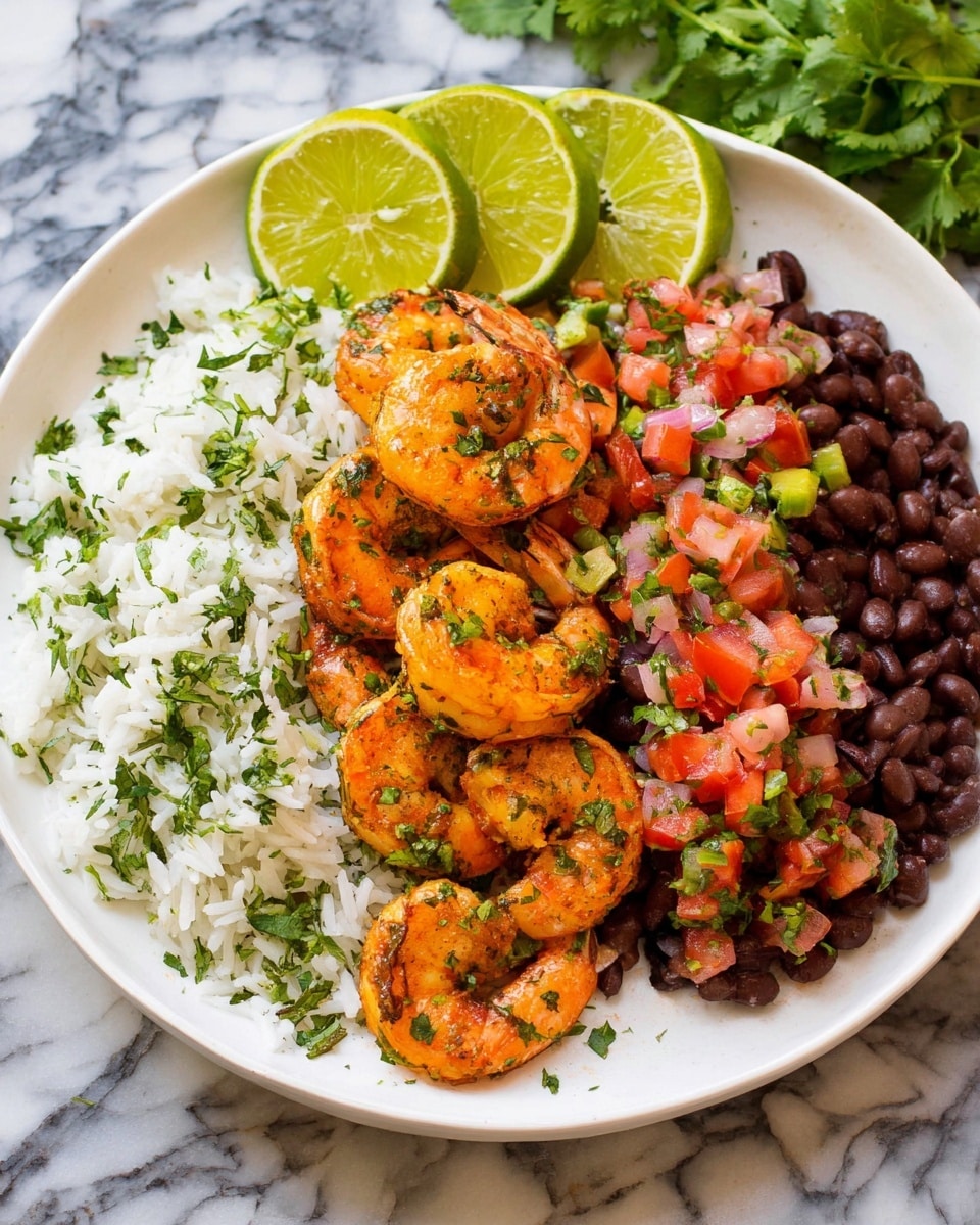 A white plate displays a colorful dish with four layers: the bottom layer is fluffy white rice mixed with green herbs, topped by a pile of bright orange shrimp with green herb specks; to the right, there is a layer of dark brown beans beside a fresh red and green diced tomato and onion salsa, and on the left side, three green lime slices rest on the rice. The plate is placed on a white marbled surface. Photo taken with an iphone --ar 4:5 --v 7