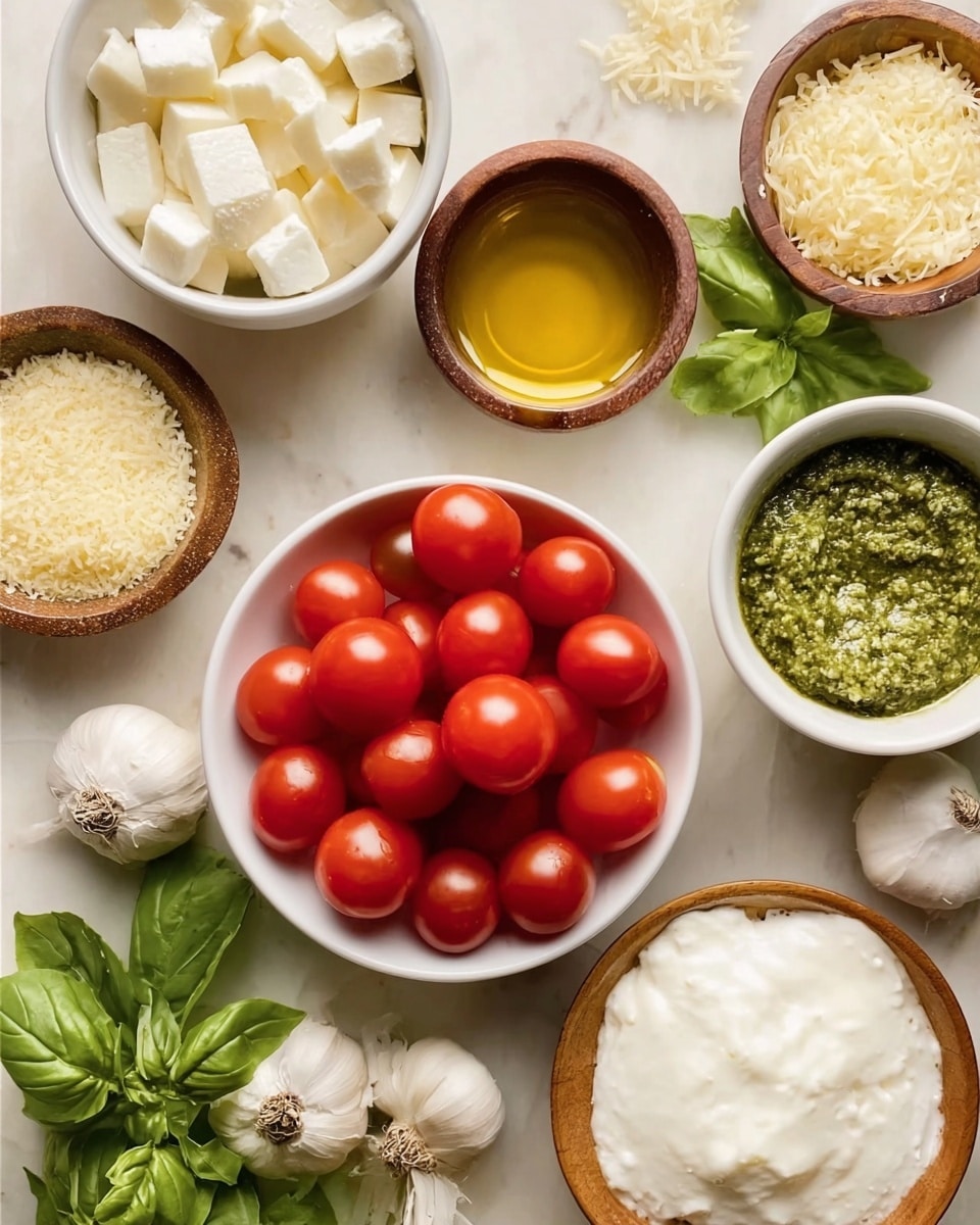 A top-down view of several small white bowls each holding different ingredients, arranged on a white marbled texture. The center bowl is filled with bright red cherry tomatoes, smooth and shiny, round in shape. Surrounding it are bowls with different contents: top bowl has white cheese cubes with a smooth texture, a bowl with golden liquid oil, a green pesto with a soft texture, grated pale-yellow cheese, finely chopped light yellow garlic, and a thick white creamy cheese spread. Fresh garlic bulbs and green basil leaves are placed close to the bowls, completing the visual of fresh and diverse ingredients. Photo taken with an iphone --ar 4:5 --v 7