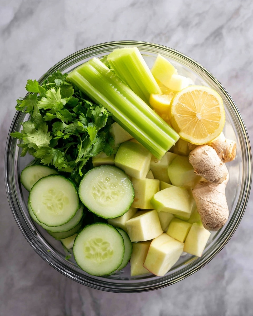A clear glass bowl filled with layers of fresh ingredients sits on a white marbled surface. The bottom layer shows thick, circle slices of light green cucumber. Above that are chunks of pale yellow-green apple pieces scattered evenly. On top of the apple pieces are wedges of light yellow lemon, with a large piece of fresh ginger root in pale beige sitting beside them. Thick bright green celery sticks and stalks rest on the lemon and ginger, with a bunch of fresh green cilantro leaves crowning the bowl. The textures range from smooth cucumber skin to rough ginger skin and leafy herb tops. Photo taken with an iphone --ar 4:5 --v 7