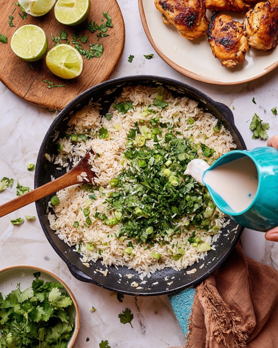 A black skillet filled with cooked rice mixed with green onions and light caramelized onions forms the base layer; fresh chopped cilantro is spread on top in the center, adding a bright green layer. A creamy white liquid is being poured from a small teal pitcher on the right side into the rice, creating a contrast with the grains. A wooden spoon lies on the rice inside the skillet, partially covered in the mixture. Surrounding the skillet, on a white marbled surface, are a bunch of fresh cilantro on a wooden cutting board, two squeezed lime halves with a yellow-green inside, a white plate holding three golden brown cooked chicken pieces, and an empty white plate with scattered cilantro leaves. A brown cloth napkin is folded near the skillet handle. photo taken with an iphone --ar 4:5 --v 7