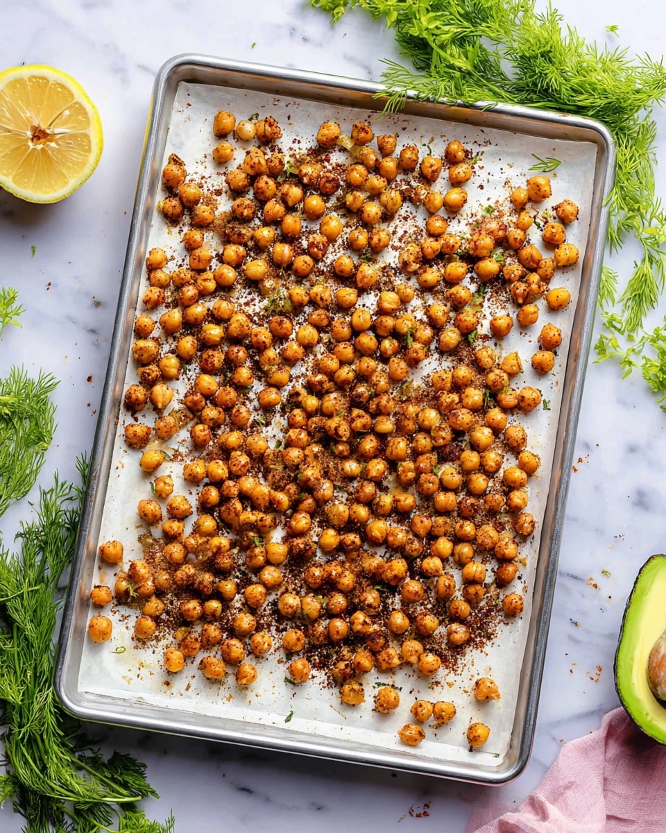 A silver baking tray lined with white parchment paper holds one large layer of roasted chickpeas. The chickpeas are golden brown with dark spices sprinkled unevenly across them, giving a roasted and slightly crisp look. The tray is placed on a white marbled surface, with fresh green dill sprigs at the top left, bright green parsley at the top right, a half lemon at the left edge, and some avocado slices partially visible at the bottom right corner. photo taken with an iphone --ar 4:5 --v 7