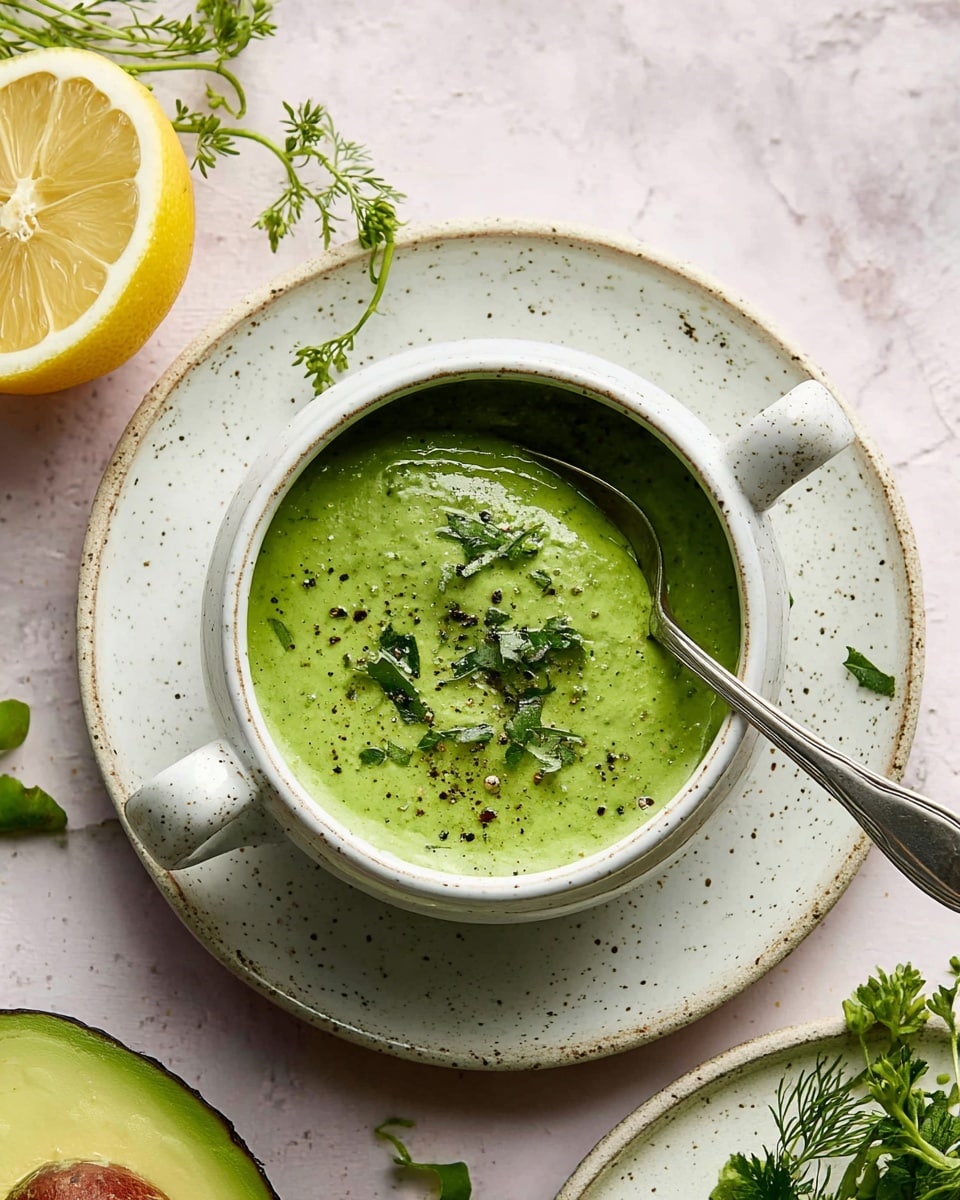 A thick green sauce with a smooth texture is inside a speckled white bowl with two small handles, sitting on a matching speckled white plate. The sauce has tiny dark green and black specks and is topped with small green herb pieces and coarse black pepper. A silver spoon rests inside the bowl with its handle pointing out to the right. To the left of the bowl, half a lemon shows bright yellow flesh, and fresh green herb sprigs are scattered around. In the lower right corner, part of a white plate with half an avocado and more green herbs is partly visible. The setup is on a white marbled surface. photo taken with an iphone --ar 4:5 --v 7