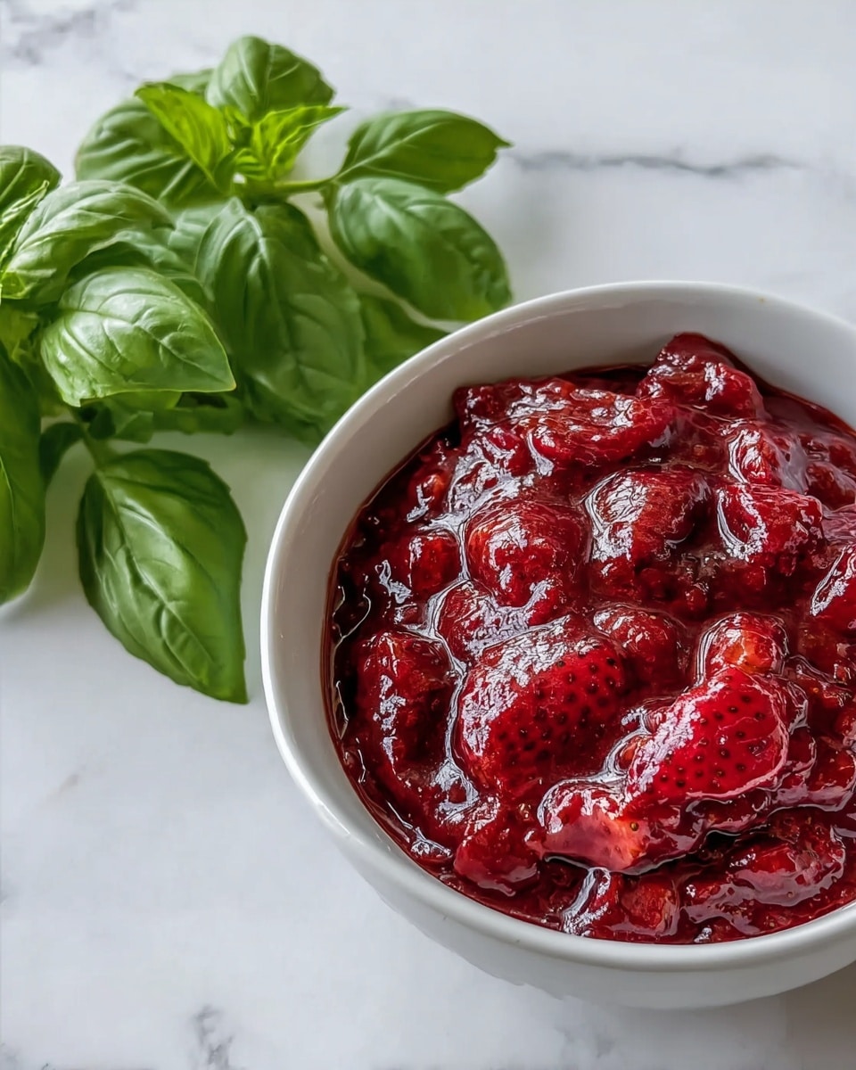 The image shows a white bowl filled with a thick, chunky red sauce that has visible pieces of what looks like cooked strawberries or berry fruit in it. The sauce is glossy and has a rich, deep red color with some bubbles on the surface, giving it a fresh and juicy look. Next to the bowl, on the white marbled surface, is a bunch of fresh green basil leaves, adding a strong contrast with their vibrant green color. The bowl sits on a clean white marbled background, giving the whole scene a fresh and bright feel. photo taken with an iphone --ar 4:5 --v 7