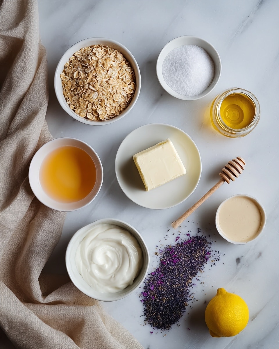 The image shows several small white bowls and containers arranged on a white marbled surface. From the top left, there is a white bowl filled with light brown cereal flakes, next to it a white bowl with white granulated sugar. Below the sugar bowl is a smaller white dish with light orange liquid, and to the right a white bowl holding a block of cream cheese. To the right of the cream cheese, there is a small clear glass container filled with golden honey along with a wooden honey dipper lying beside it. Below the cream cheese is a white bowl with a thick white creamy substance, next to it a small pile of dried purple herb leaves scattered directly on the surface. Near this pile is a small white bowl holding a beige creamy sauce. A whole bright yellow lemon is placed near the bottom right corner, with beige cloth draped softly around the edges of the scene. Photo taken with an iphone --ar 4:5 --v 7