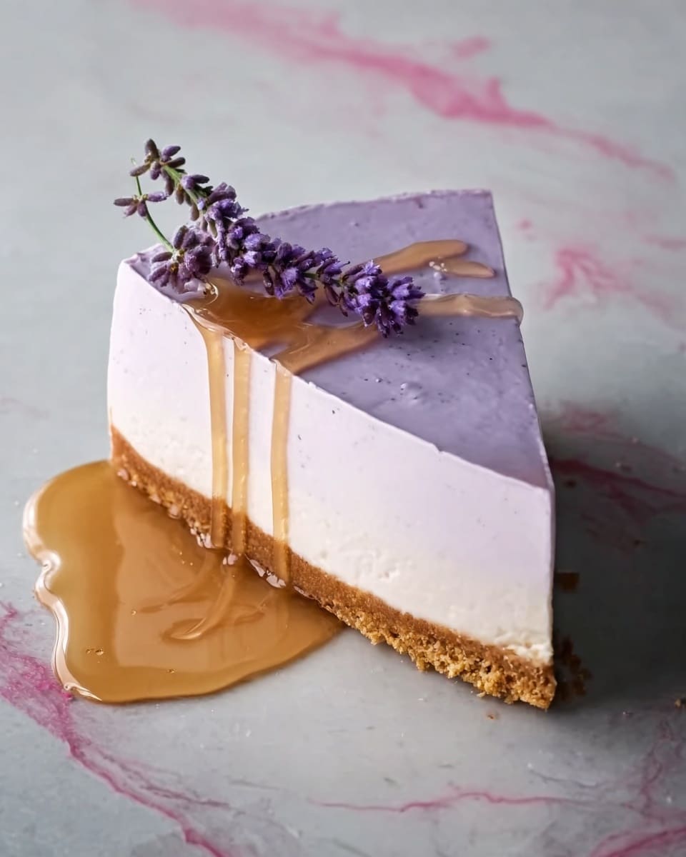 The image shows a two-layer cake with a thick bottom layer that is light brown with a crumbly texture, topped with a thick smooth top layer that is light purple in color. Golden caramel sauce drips down the side from the top, pooling slightly at the base. The top is garnished with small sprigs of dried lavender scattered around the edge. The cake is on a flat white marbled surface. Photo taken with an iphone --ar 4:5 --v 7