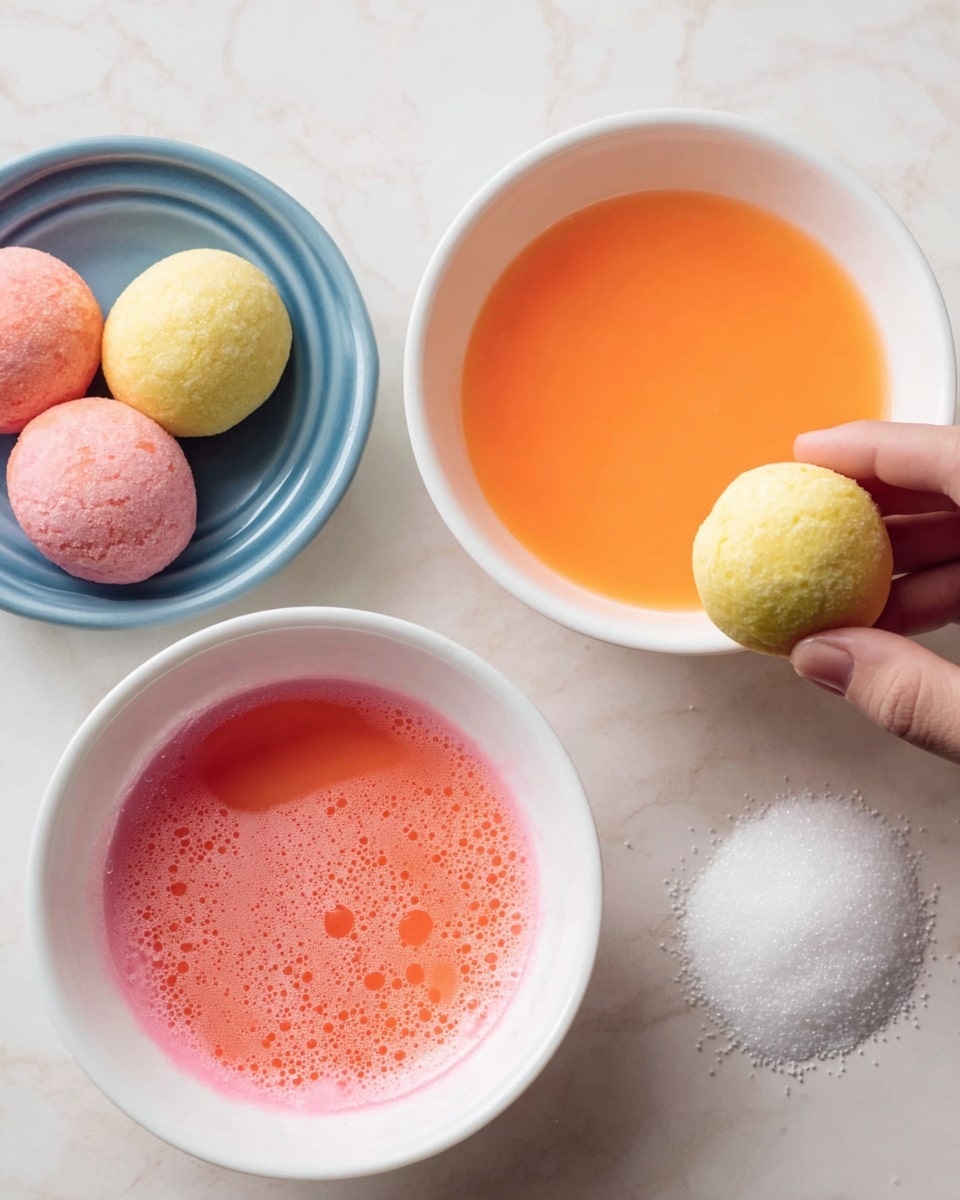 The image shows a woman's hand holding a light yellow soft bread ball dipped halfway into a white bowl filled with bright orange liquid. Next to it, there is a white bowl filled with pink liquid with some small bubbles on the surface. On a white marbled surface, there are two soft bread balls connected in the middle, one side pink and the other yellow. Nearby, a blue bowl holds white granulated sugar and a pink-yellow bread ball partially covered in sugar. Photo taken with an iphone --ar 4:5 --v 7