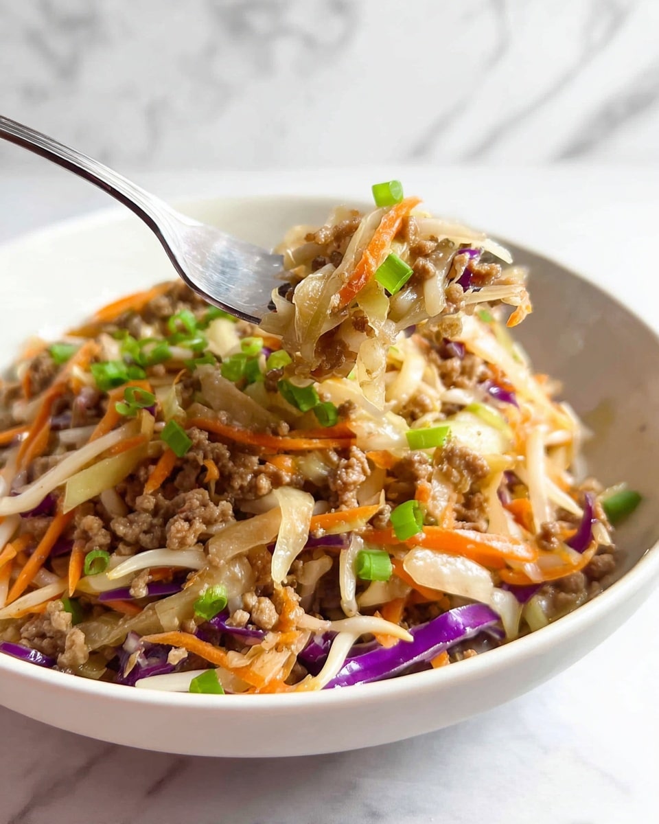 The dish is served in a round white bowl on a white marbled surface. It consists of one main layer of sautéed ground meat mixed with shredded vegetables including orange carrots, purple cabbage, white onions, and pale bean sprouts. The colors blend with the light brown cooked meat and bright green chopped spring onions sprinkled on top for garnish. A silver fork is lifting a serving of the mix showing the texture of the cooked ingredients with slight shine from light sauce or oil. The background is softly blurred with a white marbled texture. photo taken with an iphone --ar 4:5 --v 7