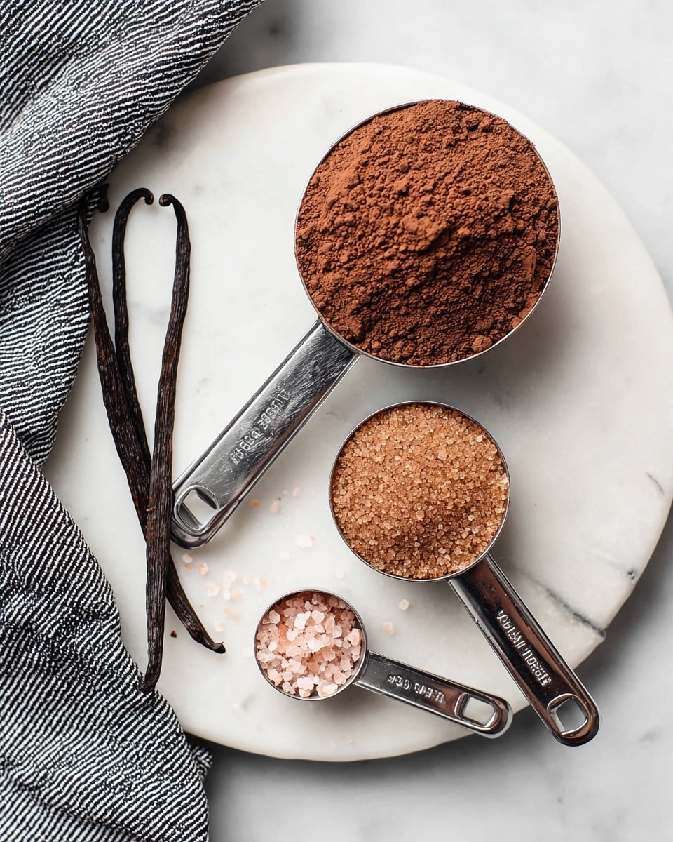 The image shows three silver measuring spoons placed on a round white marble surface. The largest spoon, 1 cup size, is filled with a dark brown cocoa powder that looks soft and finely ground. Below it, the 1/2 cup spoon is filled with a medium brown sugar granules that have a slightly coarse texture. The smallest spoon, a 1/4 teaspoon, contains a small amount of pink salt crystals that are small and shiny. Two dark brown vanilla pods are placed on the marble surface near the measuring spoons. A folded black and white striped cloth is placed near the edge of the marble surface. photo taken with an iphone --ar 4:5 --v 7