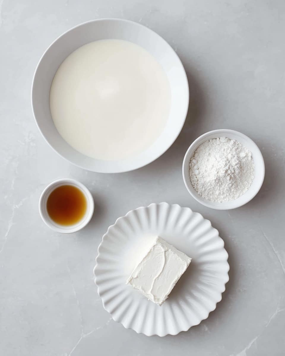 The image shows four small white dishes placed on a white marbled surface. At the top center, there is a large round white bowl filled with a smooth, thick white liquid. To the right, a smaller white bowl contains a fine white powder with a slightly uneven surface. On the bottom right, a white plate with a scalloped edge holds a single piece of white, firm textured block. On the bottom left, a small white ramekin has a brown liquid inside with a gradient effect from dark on the outside to light in the center. The arrangement is neat and simple, with each item clearly visible. Photo taken with an iphone --ar 4:5 --v 7