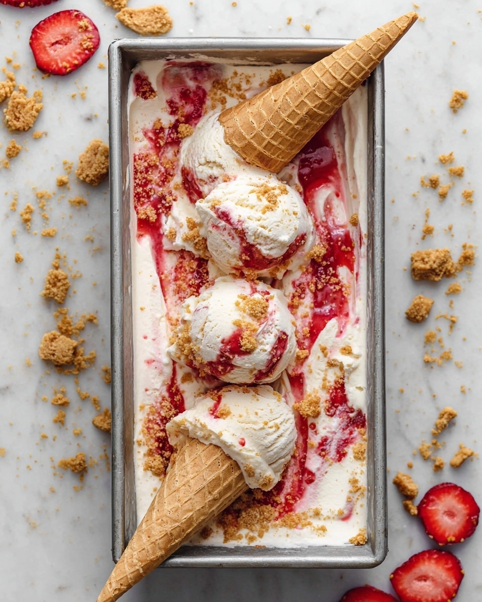 The image shows a silver rectangular pan filled with creamy white ice cream swirled with bright red strawberry sauce and sprinkled with light brown cookie crumbs. On top, there are three scoops of the same ice cream, each topped upside down with a light brown waffle cone, creating a playful look. The pan is placed on a white marbled surface, with some cookie crumbs scattered around, and sliced strawberries can be seen on the right side. The whole scene is bright and inviting, with textures that mix smooth ice cream, crunchy cones, and crumbly cookies. photo taken with an iphone --ar 4:5 --v 7