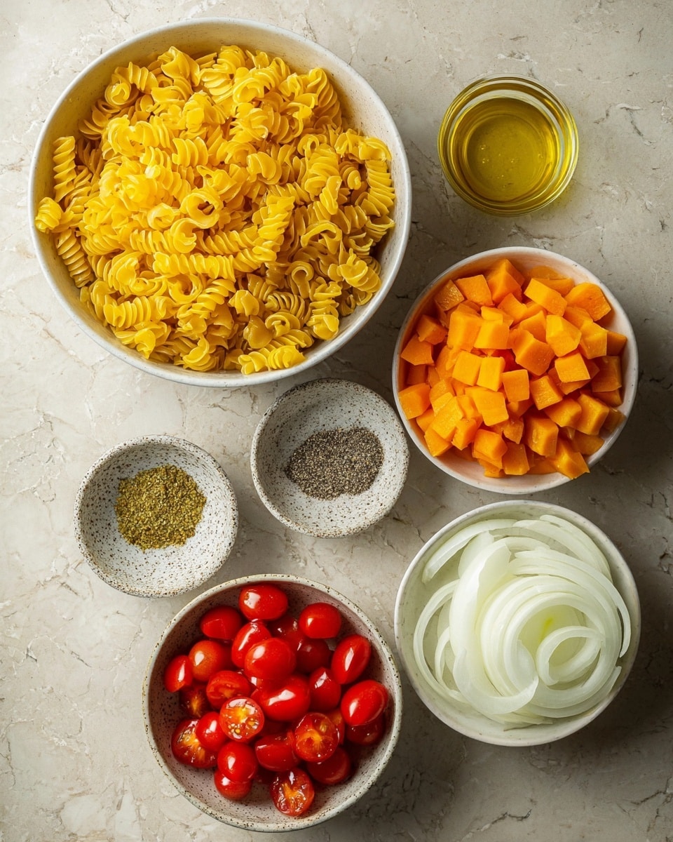 The image shows five bowls with different ingredients on a white marbled surface. At the top left is a large white bowl filled with bright yellow pasta that has a curly, ridged texture. To the top right, there is a white bowl holding small cubed orange pieces that look frozen. In the middle, a small speckled bowl contains three piles of seasoning in black, white, and green colors. Below this, a round bowl holds halved cherry tomatoes that are bright red with shiny, smooth skin. At the bottom right, another bowl contains thinly sliced white onions arranged in loose rings. A small bowl with golden olive oil is placed near the onions. photo taken with an iphone --ar 4:5 --v 7