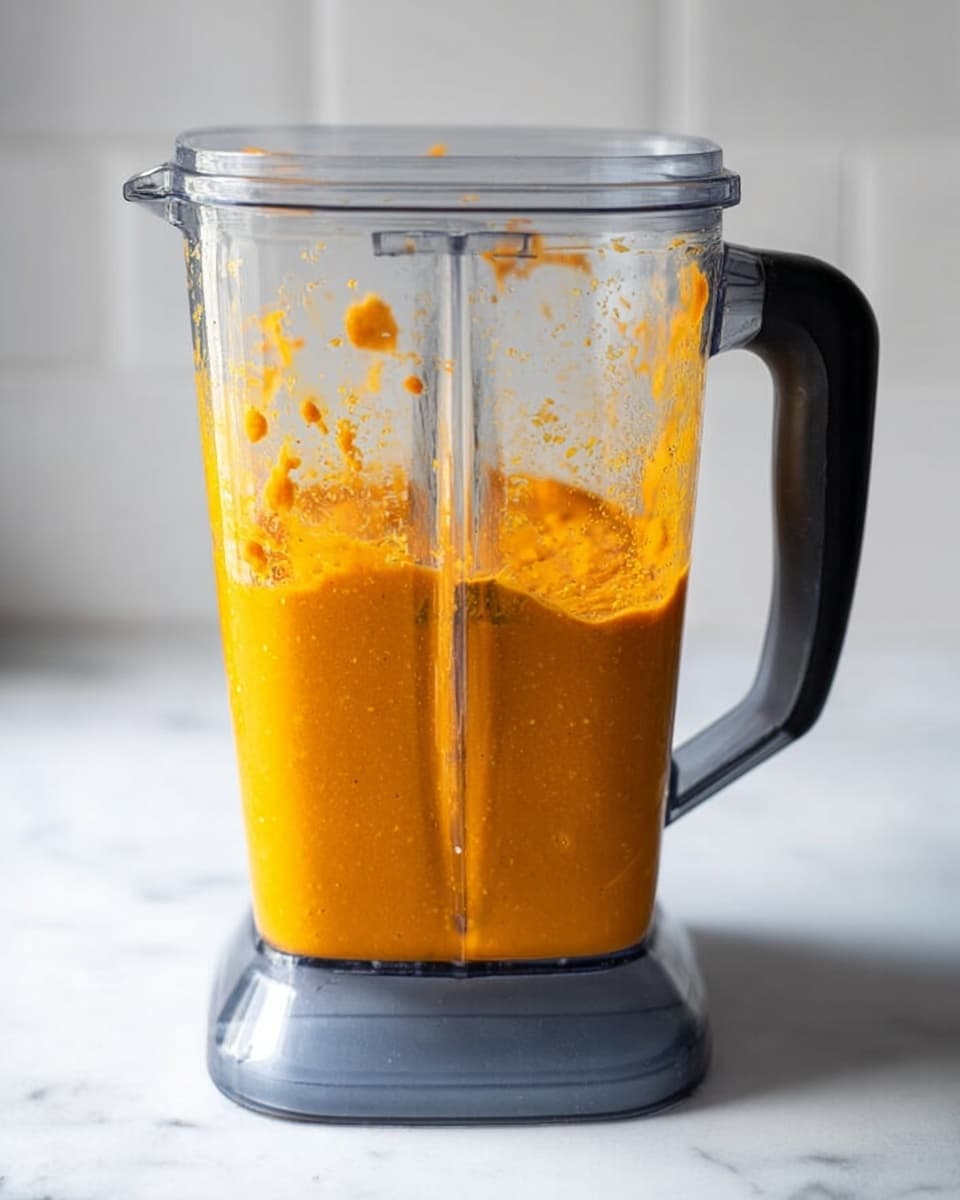 A clear blender container filled halfway with a thick, bright orange mixture that has a smooth but slightly chunky texture, splattered unevenly along the inside walls, resting on a white marbled surface with a white tiled wall in the background. The blender has a black handle on the right side and the base is transparent gray. photo taken with an iphone --ar 4:5 --v 7